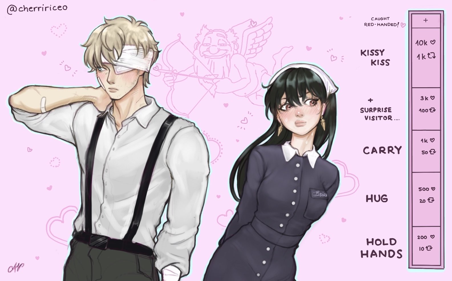 cherririce, yor briar, spy x family, 1boy, 1girl, black hair, blush, breasts, dress, earrings, gold earrings, hair ornament, hairband, husband and wife, jewelry, large breasts, long hair, red eyes, sidelocks, white hairband