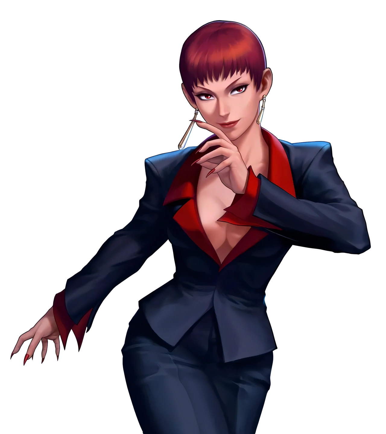 vice (kof), the king of fighters, highres, 1girl, breasts, brown hair, curvy, dark-skinned female, dark skin, earrings, female focus, formal clothes, huge breasts, jewelry, large breasts, long sleeves, no bra, pants, red eyes, short hair, smile, suit, tan, thick thighs, thighs, wide hips
