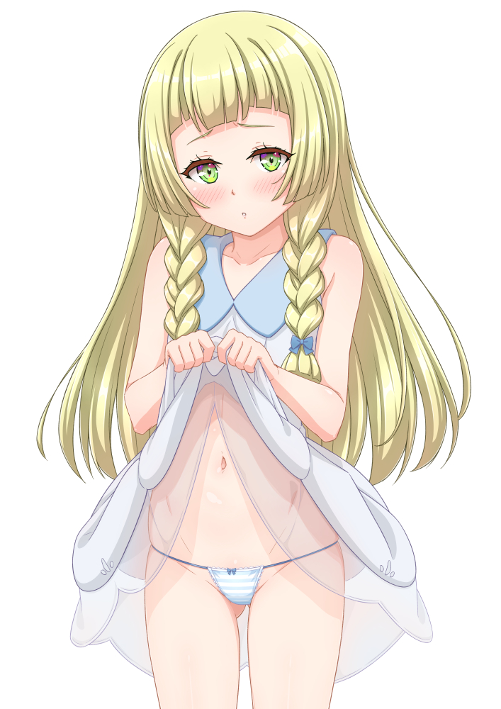 shakunetsujigoku, lillie (pokemon), nintendo, pokemon, pokemon sm, commentary request, 1girl, blonde hair, blush, braid, closed mouth, clothes lift, collared dress, cowboy shot, dress, dress lift, eyelashes, green eyes, lifting own clothes, long hair, looking at viewer, navel, panties, simple background, sleeveless, solo, twin braids, underwear, white background, white dress
