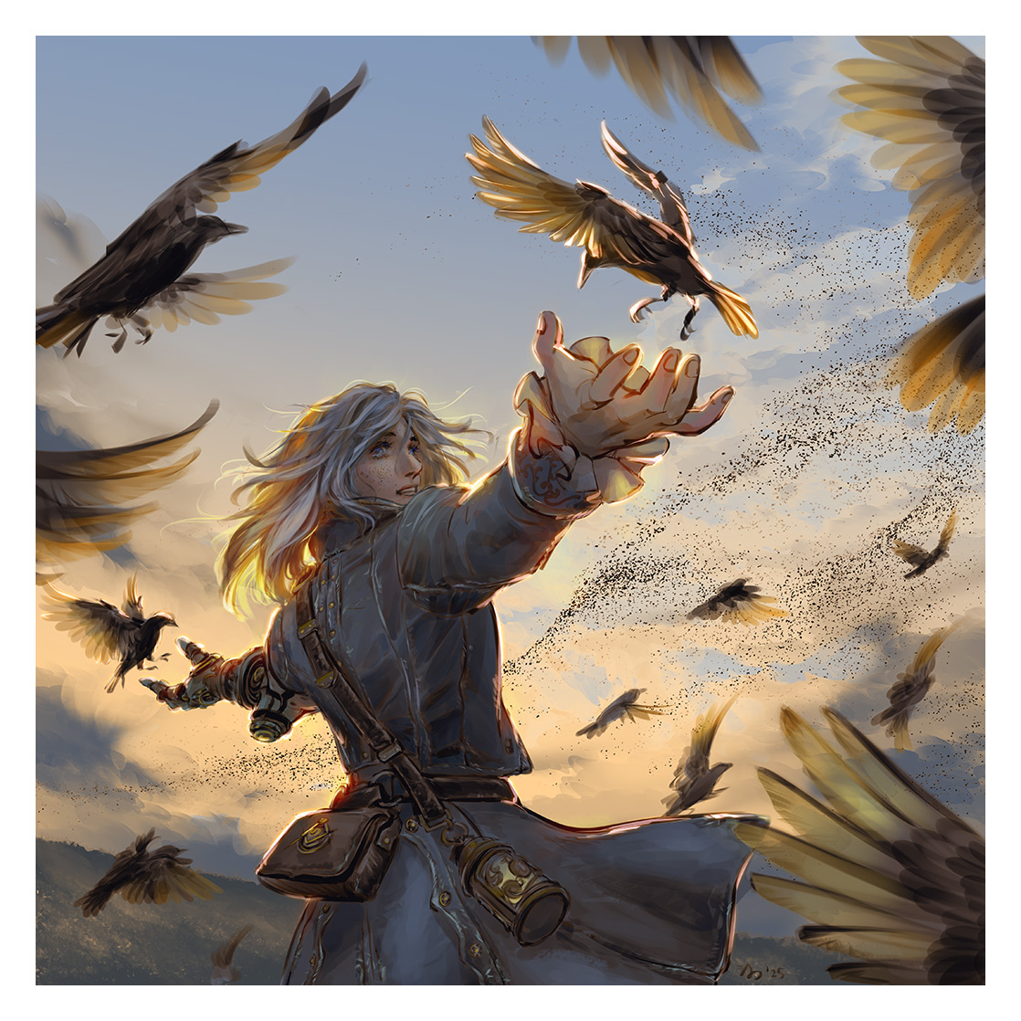 keiiii, pinocchio (lies of p), lies of p, commentary, english commentary, 1boy, bird, blue coat, blue eyes, border, coat, freckles, grey hair, long hair, male focus, mechanical arms, official alternate hair color, outdoors, outstretched arms, pouch, prosthesis, prosthetic arm, single mechanical arm, solo, standing, white border