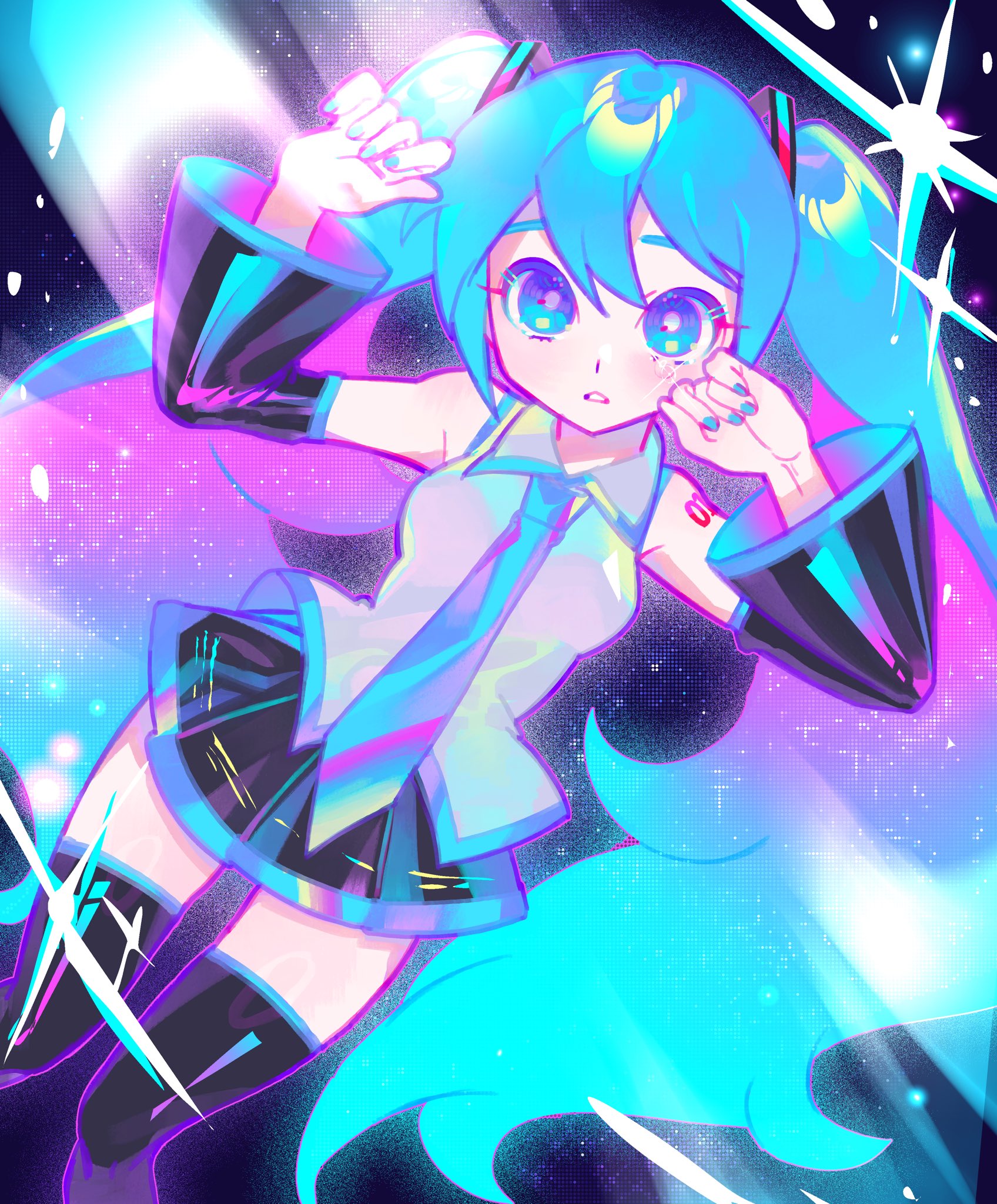 iro (mywife sunny), hatsune miku, vocaloid, hashtag-only commentary, highres, 1girl, bare shoulders, black background, black skirt, black sleeves, black thighhighs, blue eyes, blue hair, blue nails, blue necktie, blue trim, breasts, bright pupils, crying, crying with eyes open, detached sleeves, double-parted bangs, dutch angle, feet out of frame, grey shirt, hair between eyes, hair ornament, hand on own cheek, hand on own face, hands up, long hair, long sleeves, looking at viewer, miniskirt, nail polish, necktie, number tattoo, outline, parted lips, pink outline, pleated skirt, shirt, shoulder tattoo, simple background, skirt, sleeveless, sleeveless shirt, small breasts, solo, sparkle, standing, straight-on, tattoo, tears, tears from one eye, thighhighs, twintails, very long hair, white pupils, wide sleeves, zettai ryouiki