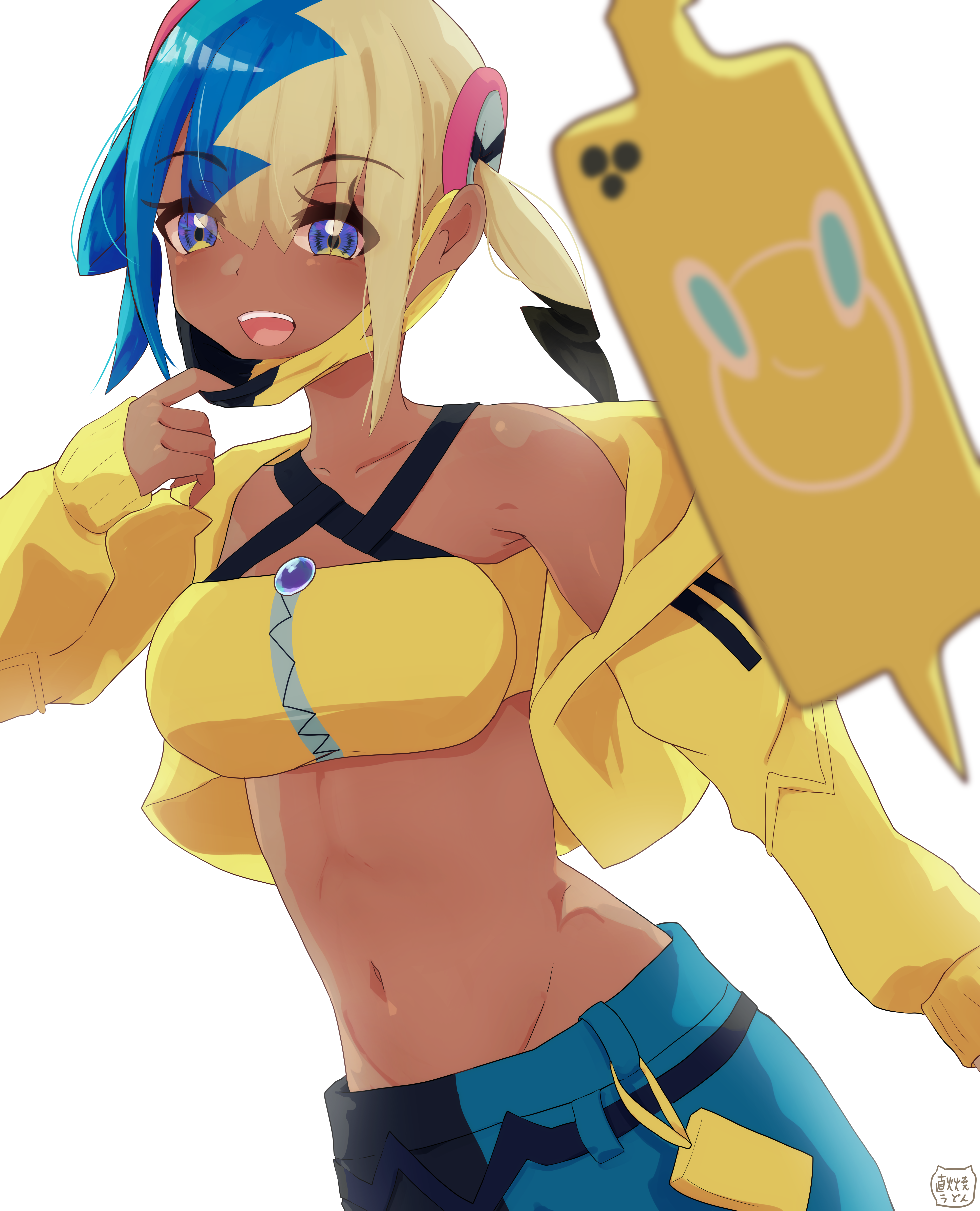 canari (pokemon), rotom, rotom phone, nintendo, pokemon, pokemon legends: z-a, absurdres, commentary request, highres, 1girl, :d, blonde hair, blue eyes, blue hair, blue pants, collarbone, eyelashes, gen 4 pokemon, hair between eyes, hand up, jacket, jikabyaki, long sleeves, multicolored hair, navel, open clothes, open jacket, open mouth, pants, simple background, sleeves past wrists, smile, stomach, teeth, upper teeth only, white background, yellow jacket
