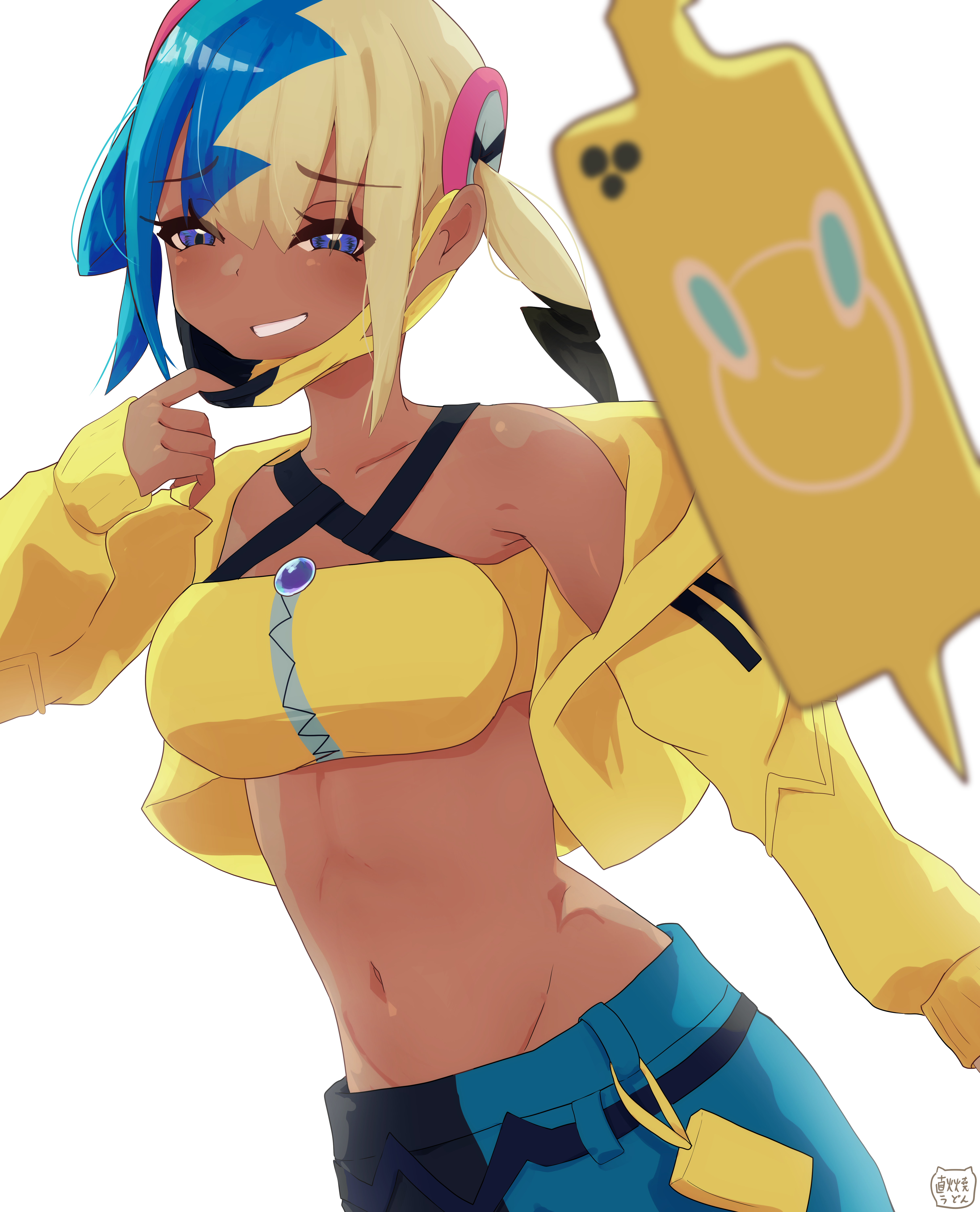 canari (pokemon), rotom, rotom phone, nintendo, pokemon, pokemon legends: z-a, absurdres, commentary request, highres, 1girl, blonde hair, blue eyes, blue hair, blue pants, collarbone, eyelashes, gen 4 pokemon, grin, hair between eyes, hand up, jacket, jikabyaki, long sleeves, multicolored hair, navel, open clothes, open jacket, pants, raised inner eyebrows, simple background, sleeves past wrists, smile, stomach, teeth, white background, yellow jacket