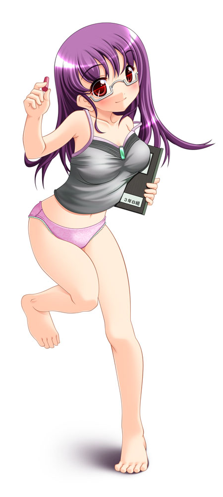 tsukinami yuu, original, 1girl, barefoot, camisole, feet, female focus, glasses, notebook, panties, solo, underwear