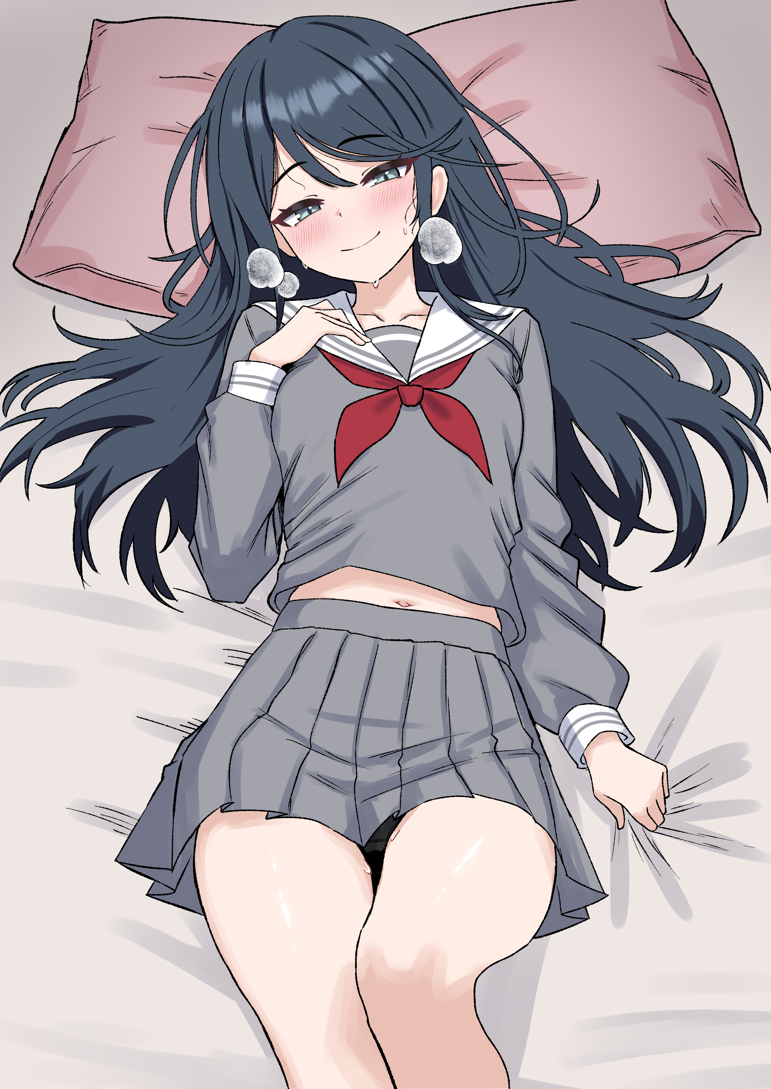 oldsickkim, hoshino ichika (project sekai), project sekai, absurdres, commentary request, highres, 1girl, bare legs, bed sheet, black hair, black panties, blush, closed mouth, grey eyes, grey serafuku, grey shirt, grey skirt, hand up, head tilt, heavy breathing, long hair, long sleeves, looking at viewer, lying, midriff, miniskirt, navel, neckerchief, on back, on bed, panties, panty peek, pillow, pleated skirt, red neckerchief, sailor collar, school uniform, serafuku, shirt, skirt, smile, solo, sweat, swept bangs, underwear, white sailor collar
