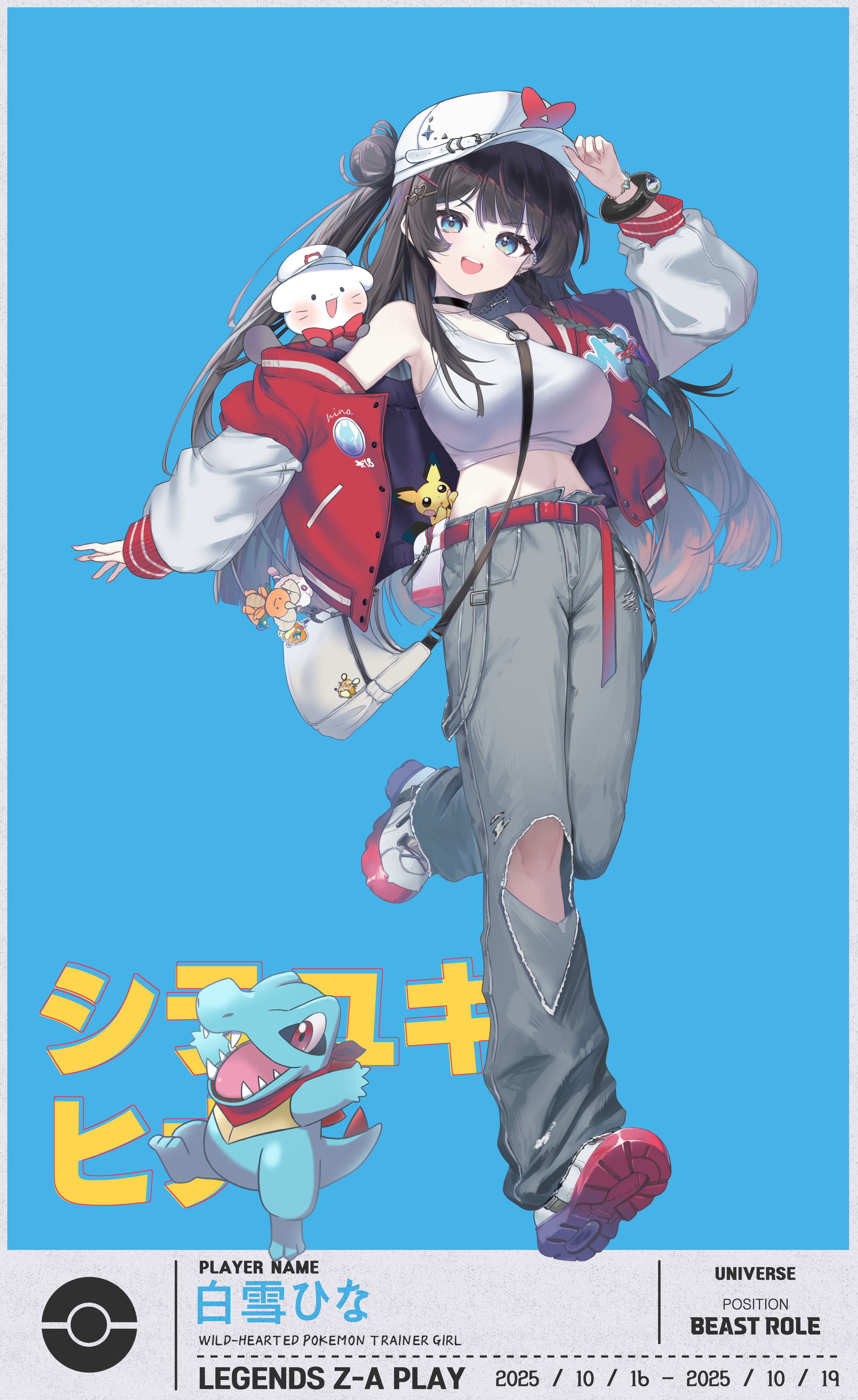 nanana narang, pichu, shirayuki hina, totodile, nintendo, pokemon, pokemon legends: z-a, stellive, absurdres, character request, highres, 1girl, arm up, armpits, bag, bare shoulders, baseball cap, belt, black choker, black hair, blue eyes, bracelet, breasts, choker, crop top, denim, gen 2 pokemon, grey pants, hair bun, hair ornament, hairclip, hand on headwear, hat, heart, heart hair ornament, jacket, jewelry, large breasts, long hair, long sleeves, looking at viewer, midriff, navel, off shoulder, one side up, open clothes, open jacket, open mouth, pants, red jacket, shirt, shoes, shoulder bag, single side bun, sleeveless, sleeveless shirt, smile, solo, stomach, torn clothes, torn pants, white hat, white shirt, white shoes