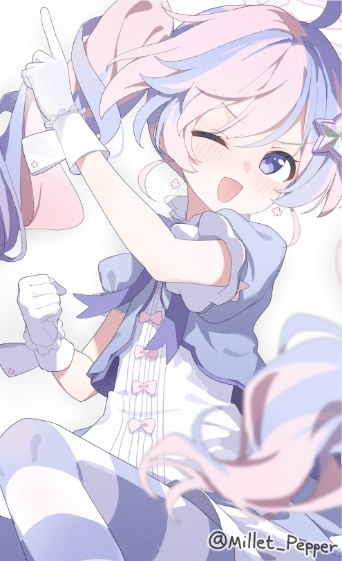 millet pepper, reisa (blue archive), blue archive, 1girl, ahoge, arm up, cowboy shot, dot nose, dress, foreshortening, gloves, hair ornament, halo, multicolored hair, one eye closed, open mouth, pink hair, pink halo, pointing, pointing up, purple eyes, purple hair, simple background, solo, star (symbol), star hair ornament, thighhighs, twintails, twitter username, two-tone hair, white background, white gloves