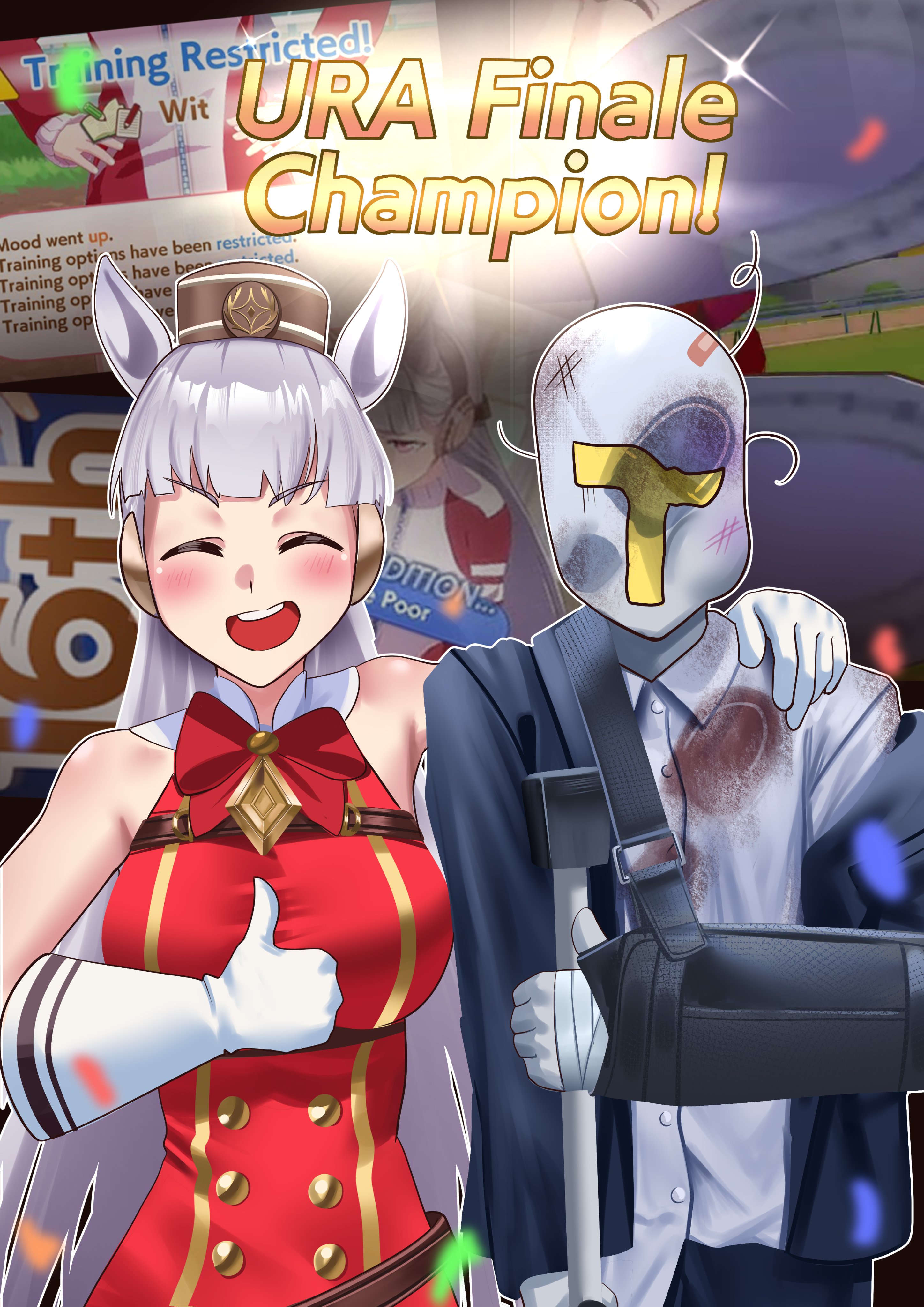 manjo (warito), gold ship (red strife) (umamusume), gold ship (umamusume), t-head trainer (umamusume), trainer (umamusume), umamusume, absurdres, highres, 1boy, 1girl, animal ears, arm sling, bandages, black jacket, blunt bangs, bow, bowtie, brown hat, cane, cheek bulge, crutch, dress, footprints, gameplay mechanics, gloves, grey hair, hat, holding another's arm, horse ears, horse girl, jacket, kicked, long hair, pillbox hat, punched, red bow, red dress, shirt, sleeveless, sleeveless dress, smile, thumbs up, white gloves, white shirt