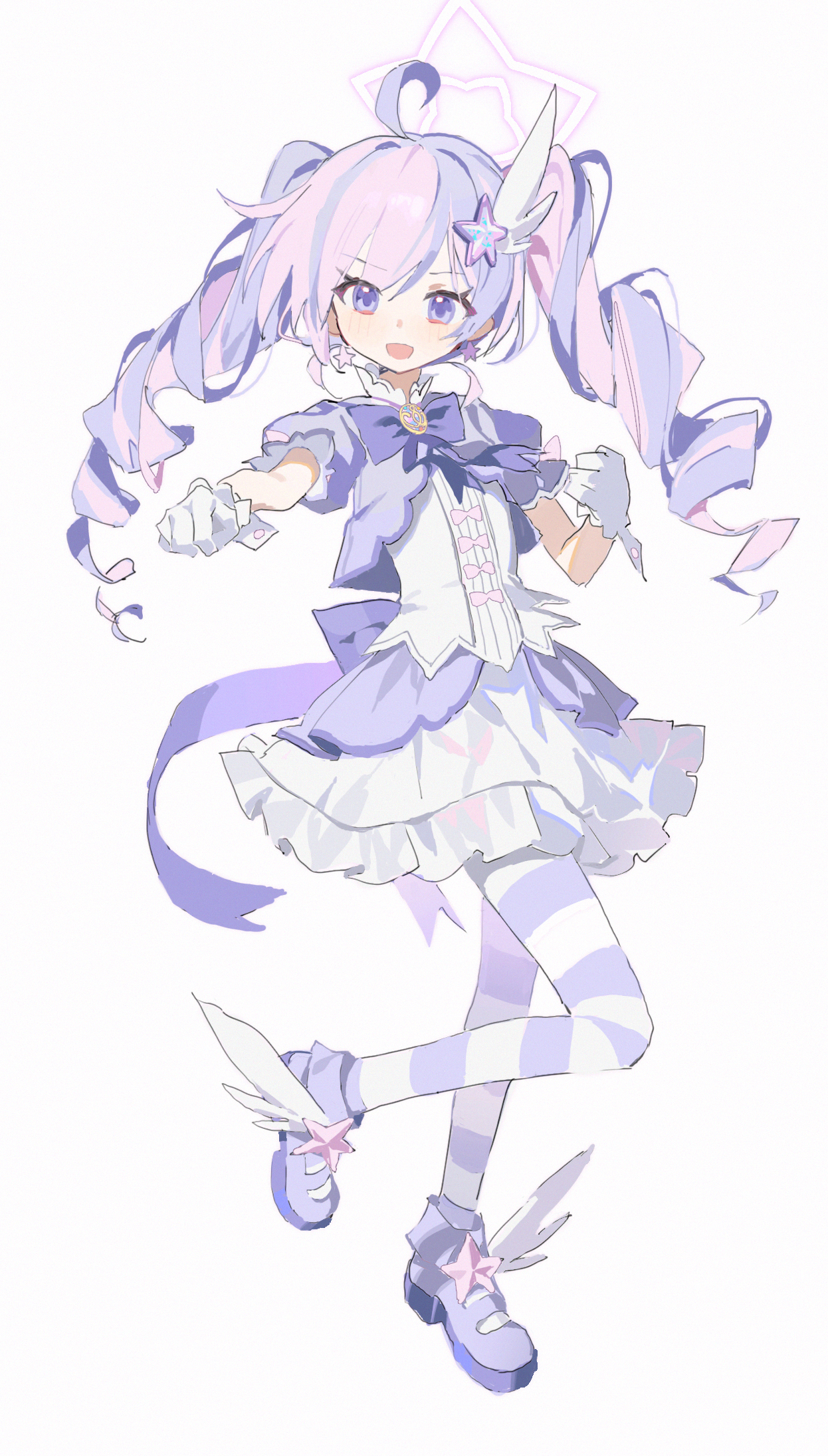 measho, reisa (blue archive), reisa (magical) (blue archive), blue archive, highres, 1girl, ahoge, gloves, halo, official alternate costume, pantyhose, purple eyes, purple hair, purple halo, solo, star halo, striped clothes, twintails, white background, white gloves