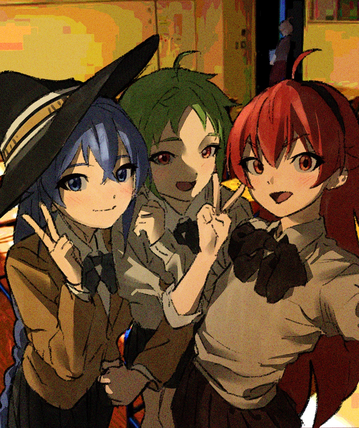 nyus0721, eris greyrat, roxy migurdia, sylphiette (mushoku tensei), mushoku tensei, highres, 3girls, ahoge, black bow, black hairband, black hat, black skirt, blue eyes, blue hair, bow, braid, collared shirt, green hair, hair between eyes, hairband, hat, jacket, long hair, looking at viewer, multiple girls, red eyes, red hair, selfie, shirt, short hair, skirt, smile, v, white shirt, witch hat