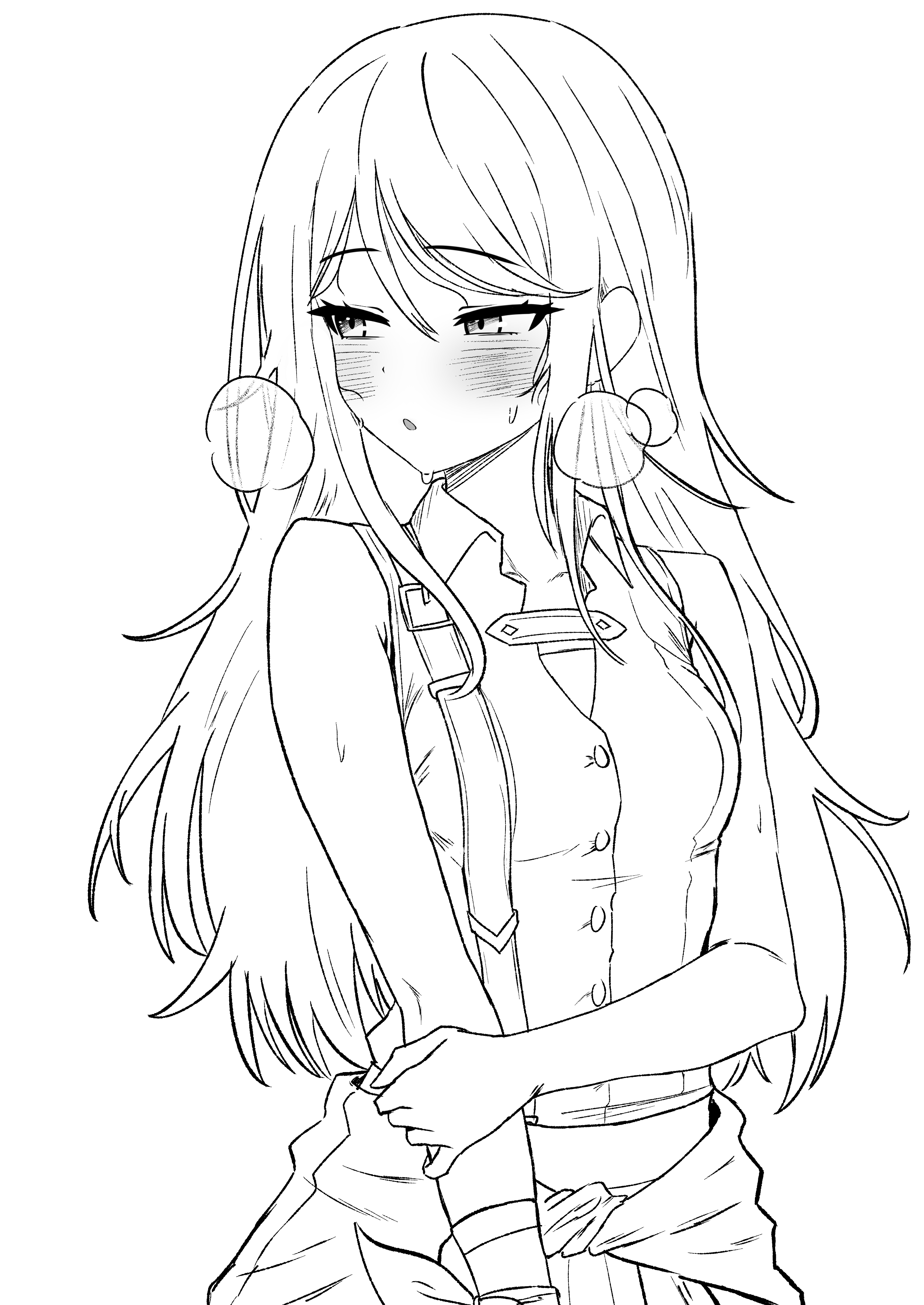 oldsickkim, hoshino ichika (project sekai), project sekai, absurdres, highres, 1girl, bare arms, bare shoulders, blush, breasts, buttons, clothes around waist, collared shirt, cowboy shot, greyscale, heavy breathing, jacket, jacket around waist, long hair, looking to the side, midriff, monochrome, open mouth, shirt, sketch, sleeveless, sleeveless shirt, small breasts, solo, sweat