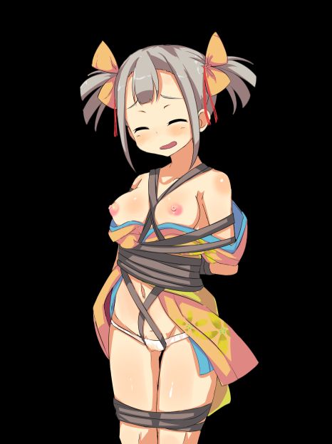 game cg, variant set, 1girl, ^ ^, anime coloring, arms behind back, bare shoulders, black background, blush, bound, bound legs, bow, breasts, closed eyes, collarbone, cowboy shot, detached sleeves, embarrassed, grey hair, hair between eyes, hair bow, japanese clothes, kimono, looking at viewer, medium breasts, mizuha (toraware no kami-sama), navel, nipples, no pants, obi, open clothes, open kimono, open mouth, panties, raised inner eyebrows, rope, sash, shibari, shibari over clothes, short hair, short kimono, shoulder blush, simple background, sleeveless, sleeveless kimono, solo, standing, tachi-e, tachinori buranko, thighs, toraware no kami-sama to tabi no shoujo, twintails, underwear, white panties, wide sleeves, yellow bow, yellow kimono, yellow sash