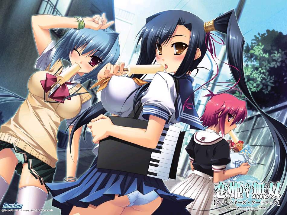 chouun (koihime musou), kan'u (koihime musou), ryofu (koihime musou), koihime musou, 00s, 3girls, blush, multiple girls, panties, school uniform, smile, underwear, wink
