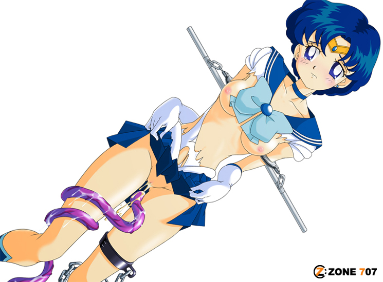 zone 707, mizuno ami, sailor mercury, bishoujo senshi sailor moon, 1990s (style), 1girl, bdsm, blue eyes, blue hair, bondage, bound, breasts, chain, clothes lift, cum, elbow gloves, gloves, nipples, retro artstyle, skirt, skirt lift, tears, tentacles, torn clothes