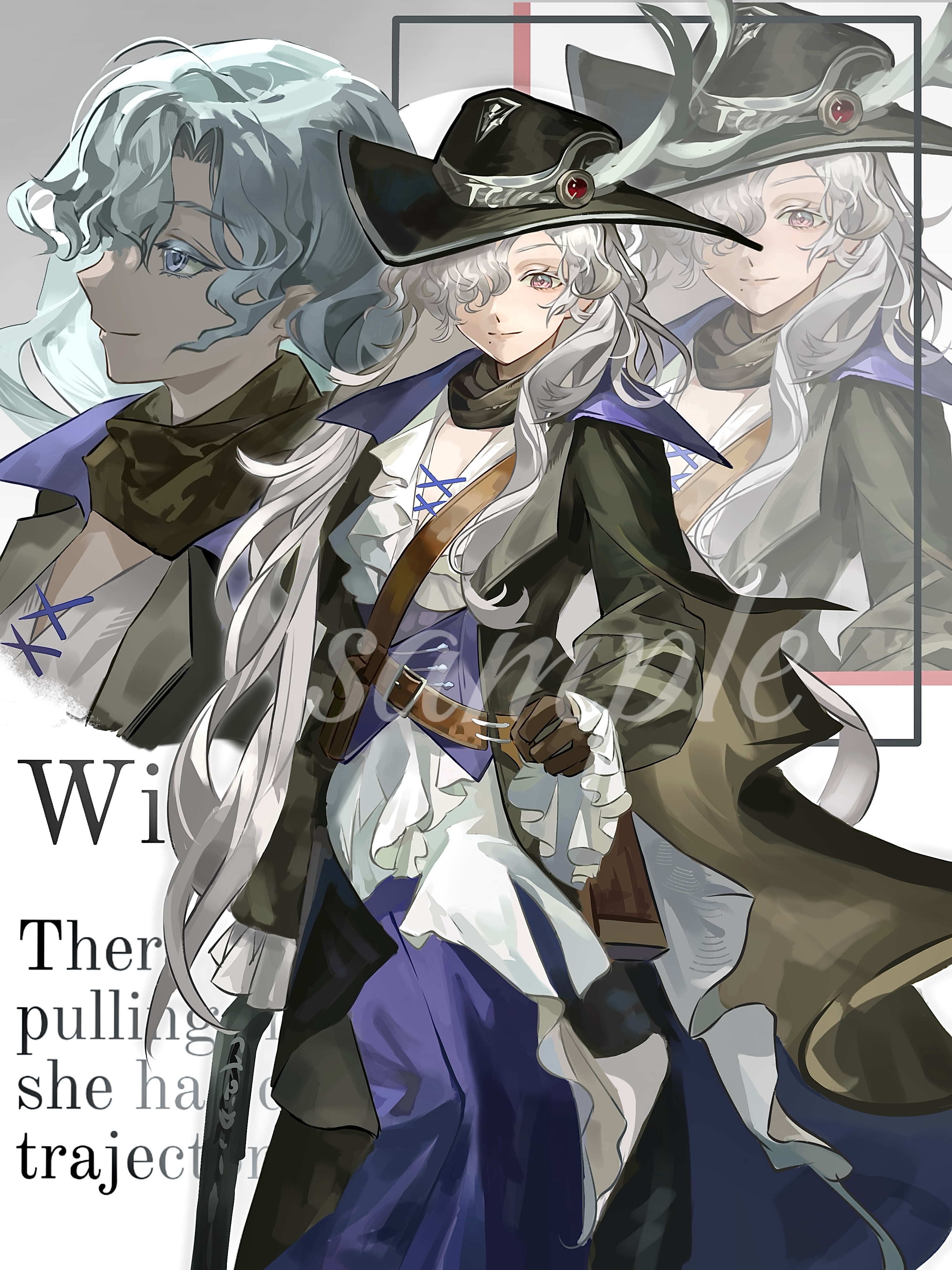 windsong (reverse:1999), reverse:1999, absurdres, commission, highres, 1girl, black coat, black hat, character name, coat, english text, gun, hair over one eye, hat, holding, holding gun, holding weapon, long hair, long skirt, multiple views, official alternate costume, one eye covered, profile, purple eyes, purple skirt, sample watermark, shirt, skirt, smile, upper body, watermark, weapon, white hair, white shirt, wu fuzuoyong, zoom layer