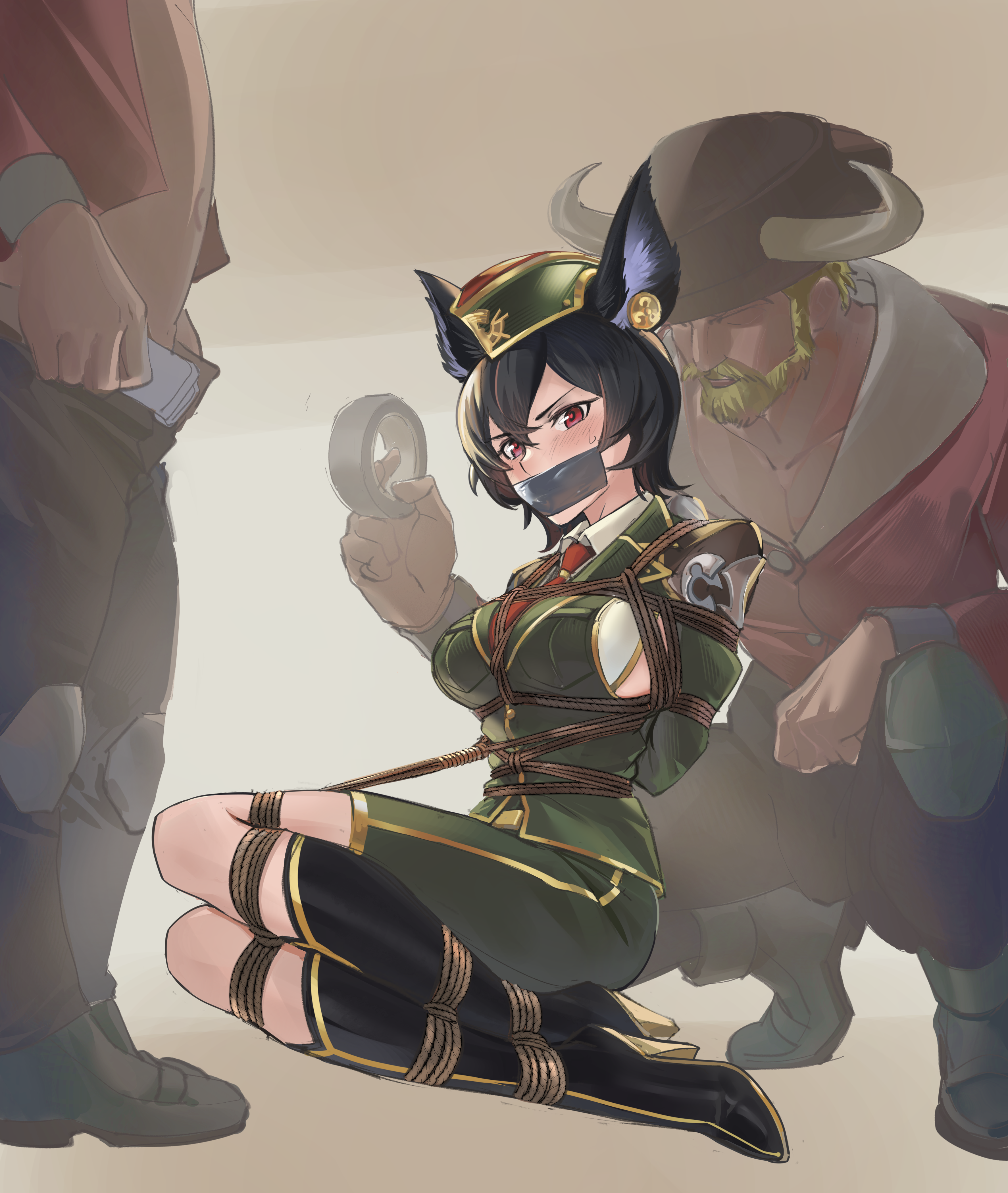 doradofin, ilsa (granblue fantasy), granblue fantasy, absurdres, highres, 1girl, 2boys, animal ears, bdsm, black hair, bondage, bound, gag, improvised gag, multiple boys, red eyes, restrained, shibari, tape, tape gag