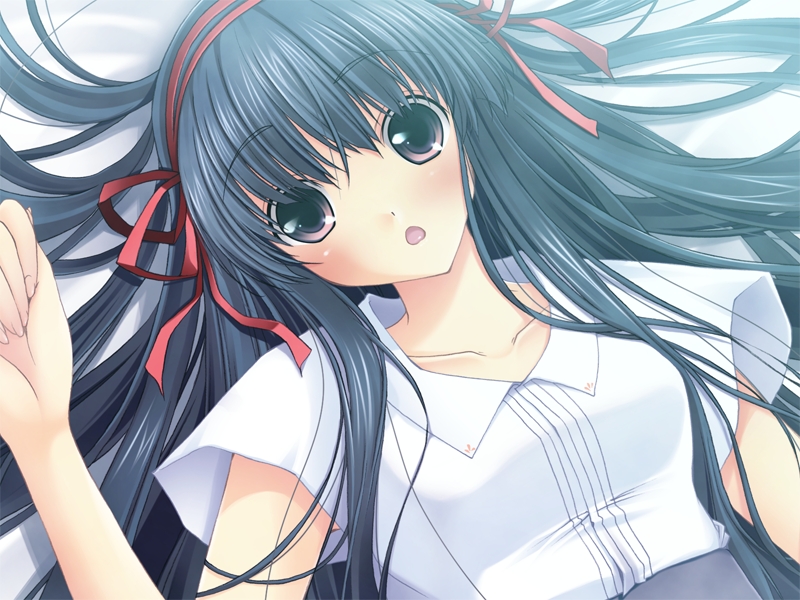 little (izumi little), mary ann barnett, fantasical, game cg, non-web source, 1girl, black hair, brown eyes, female focus, hairband, long hair, lying, solo