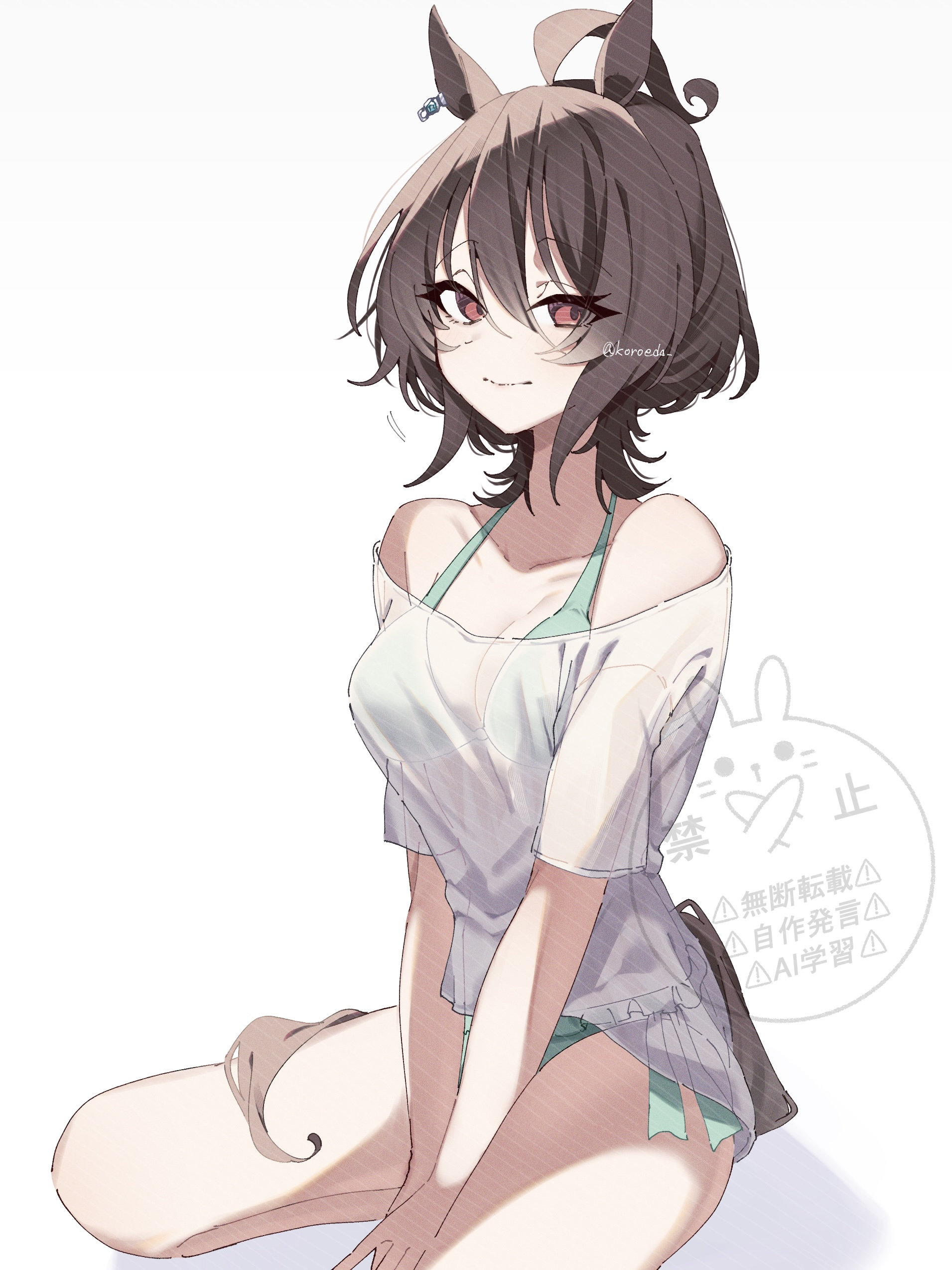 koroeda6, agnes tachyon (umamusume), umamusume, umamusume: beginning of a new era, absurdres, commentary request, highres, 1girl, ahoge, animal ears, bare shoulders, between legs, bikini, black eyeliner, breasts, chemical structure, cleavage, closed mouth, collarbone, earrings, eyeliner, grey bikini, hair between eyes, hand between legs, horse ears, horse girl, horse tail, jewelry, large breasts, makeup, medium hair, off-shoulder shirt, off shoulder, official alternate costume, red eyes, see-through clothes, see-through shirt, shirt, simple background, single earring, sitting, smile, solo, swimsuit, tail, twitter username, watermark, white background, white shirt, wolf cut