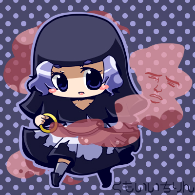 nasa yu, abe takakazu, kumoi ichirin, unzan, kuso miso technique, touhou, bad id, bad pixiv id, lowres, 1girl, blue eyes, blue hair, cameo, chibi, cloud, female focus, hood, matching hair/eyes, parody, solo, yaranaika