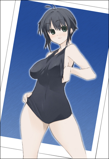 aka ume, original, 1girl, black hair, black one-piece swimsuit, breasts, female focus, green eyes, one-piece swimsuit, school swimsuit, solo, swimsuit