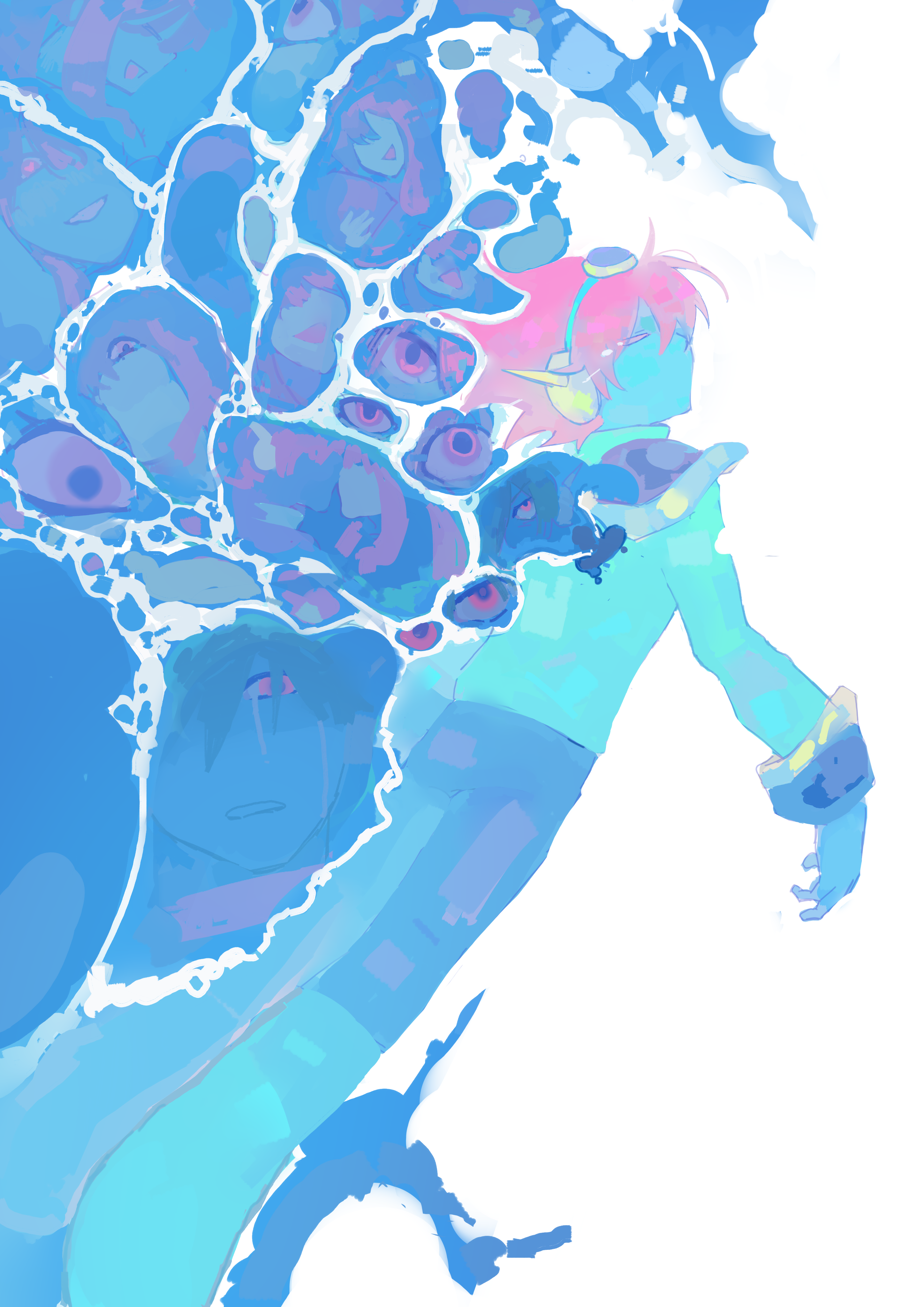 coajvejdgi1508, captain spaceboy, omori, absurdres, commentary, highres, symbol-only commentary, 1boy, :d, ^ ^, armor, blue hairband, blue pants, blue skin, boots, clenched teeth, closed eyes, colored skin, facing ahead, full body, green boots, green hair, green shirt, hairband, knee boots, long sleeves, looking at viewer, male focus, no mouth, open mouth, pants, pink eyes, pink hair, shirt, short hair, shoulder armor, simple background, smile, solo, standing, teeth, water, waves, white background