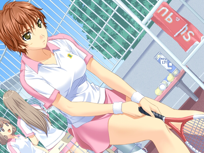 skyhouse, hatano sachie, stage (eroge), game cg, 1girl, blouse, brown eyes, brown hair, dutch angle, knees together feet apart, outdoors, racket, shirt, short hair, solo focus, sportswear, standing, tennis racket, tennis uniform, white shirt, wristband