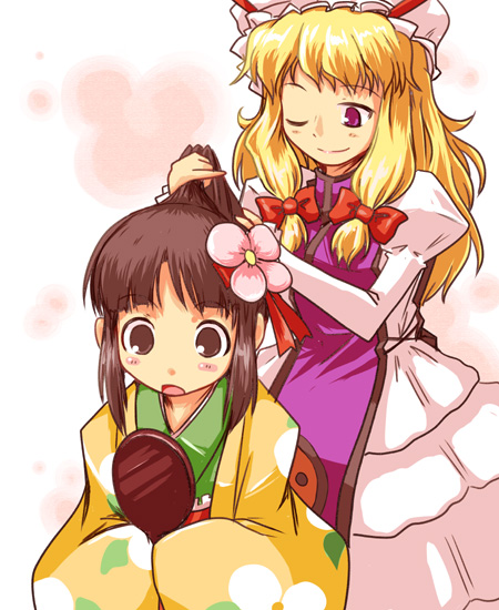 kanoe soushi, hieda no akyuu, yakumo yukari, touhou, 2girls, :o, ;), blonde hair, blush, brown hair, brushing hair, female focus, hairdressing, hat, long hair, long sleeves, mirror, mob cap, multiple girls, one eye closed, open mouth, red eyes, sideburns, smile, surprised, tabard, tareme, very long hair, yuri