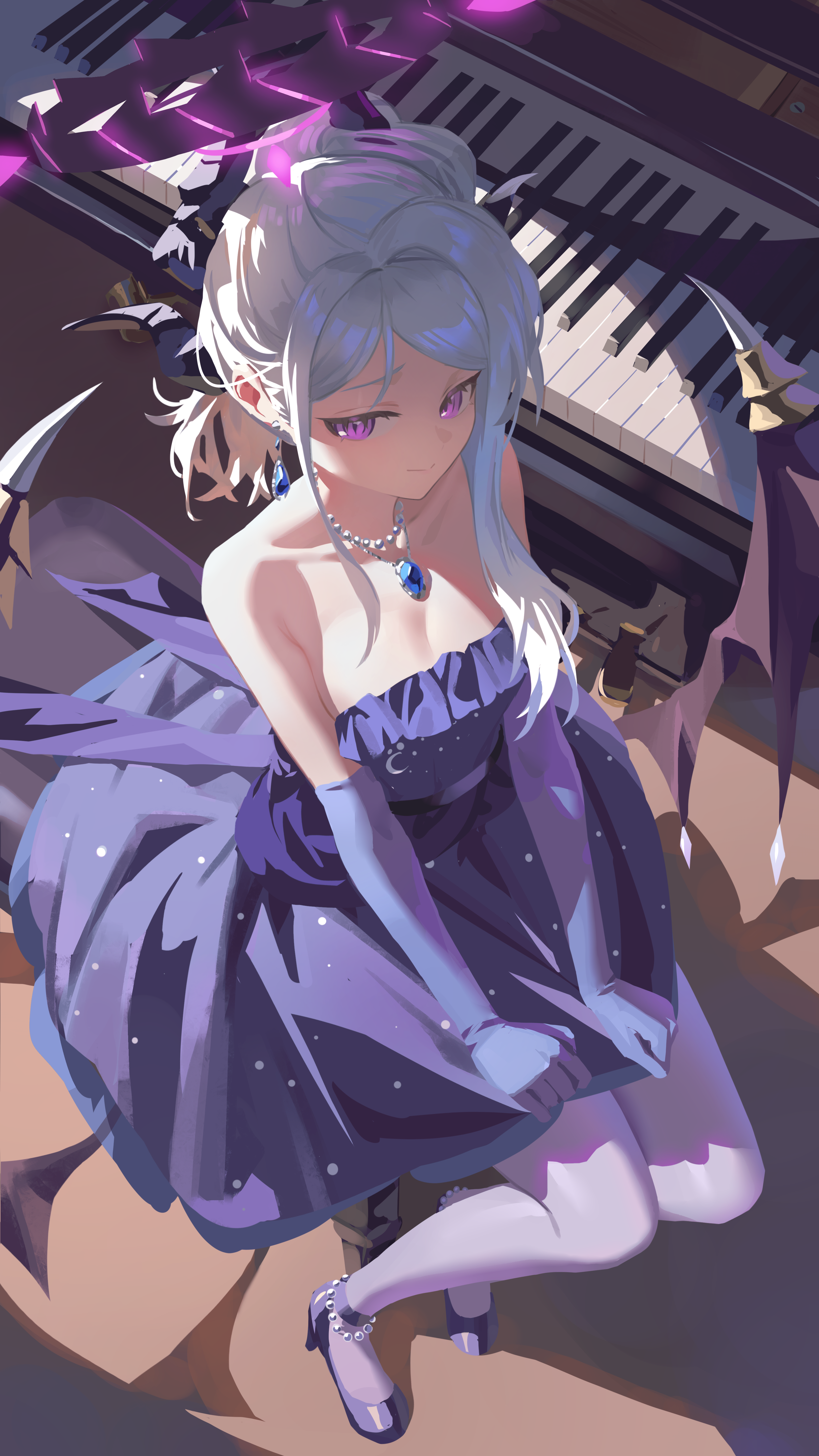 shortofsugar, hina (blue archive), hina (dress) (blue archive), blue archive, absurdres, highres, 1girl, bare shoulders, breasts, cleavage, closed mouth, demon girl, demon horns, demon wings, dress, elbow gloves, gloves, grey hair, hair bun, halo, high heels, horns, jewelry, long hair, looking at viewer, necklace, official alternate costume, official alternate hairstyle, pantyhose, purple eyes, purple gloves, purple halo, purple pantyhose, purple shoes, shoes, sitting, sleeveless, sleeveless dress, smile, solo, strapless, strapless dress, wings