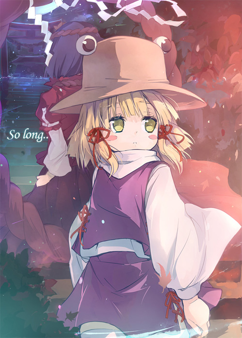 kurudaz, moriya suwako, yasaka kanako, touhou, 2girls, english text, female focus, hat, multiple girls, skirt, thighhighs