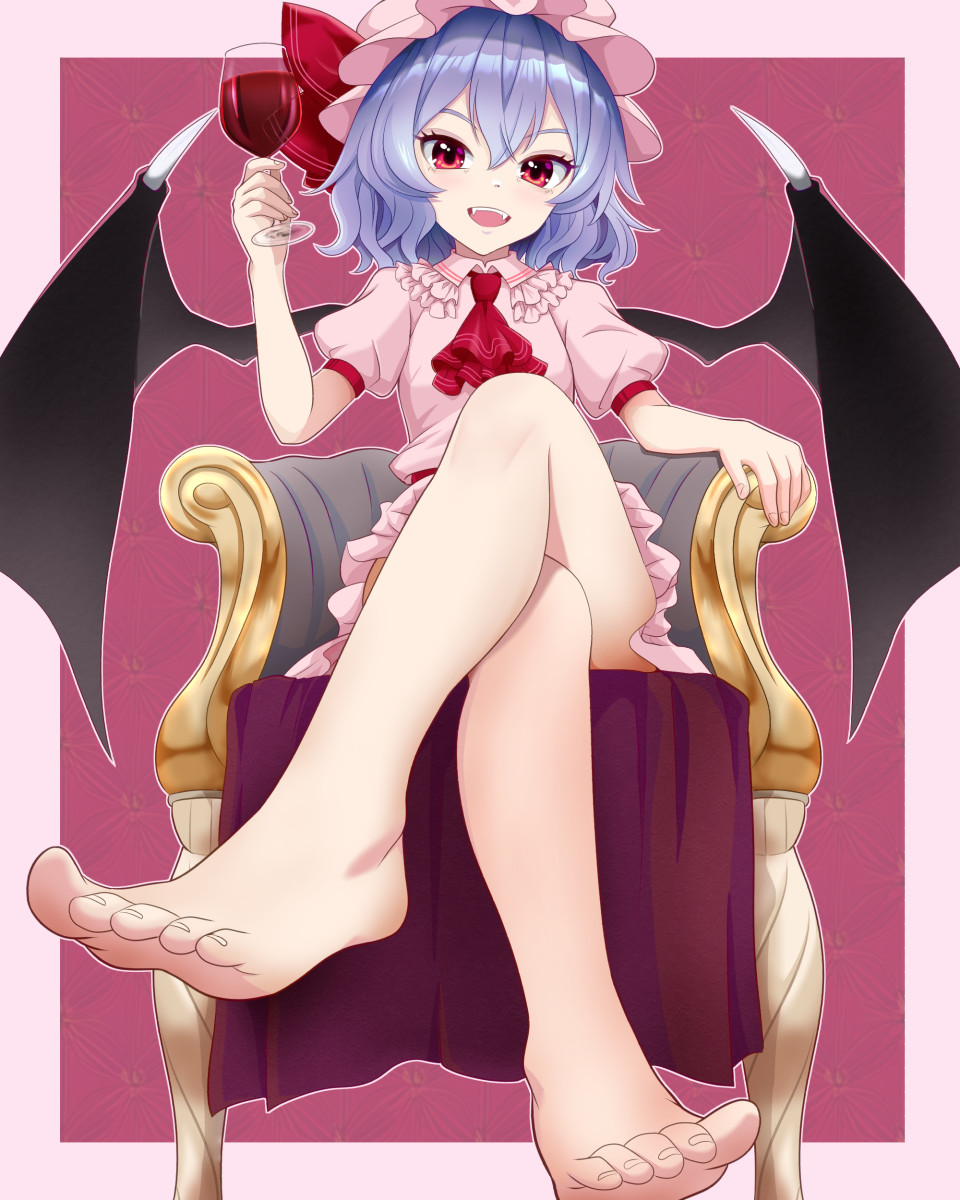 kisaragi koushi, remilia scarlet, touhou, commentary request, highres, revision, 1girl, bare legs, barefoot, bat wings, chair, crossed legs, cup, drinking glass, fangs, feet, foot focus, foreshortening, hair between eyes, legs, looking at viewer, medium hair, open mouth, purple hair, red eyes, simple background, sitting, solo, toenails, toes, vampire, wine glass, wings