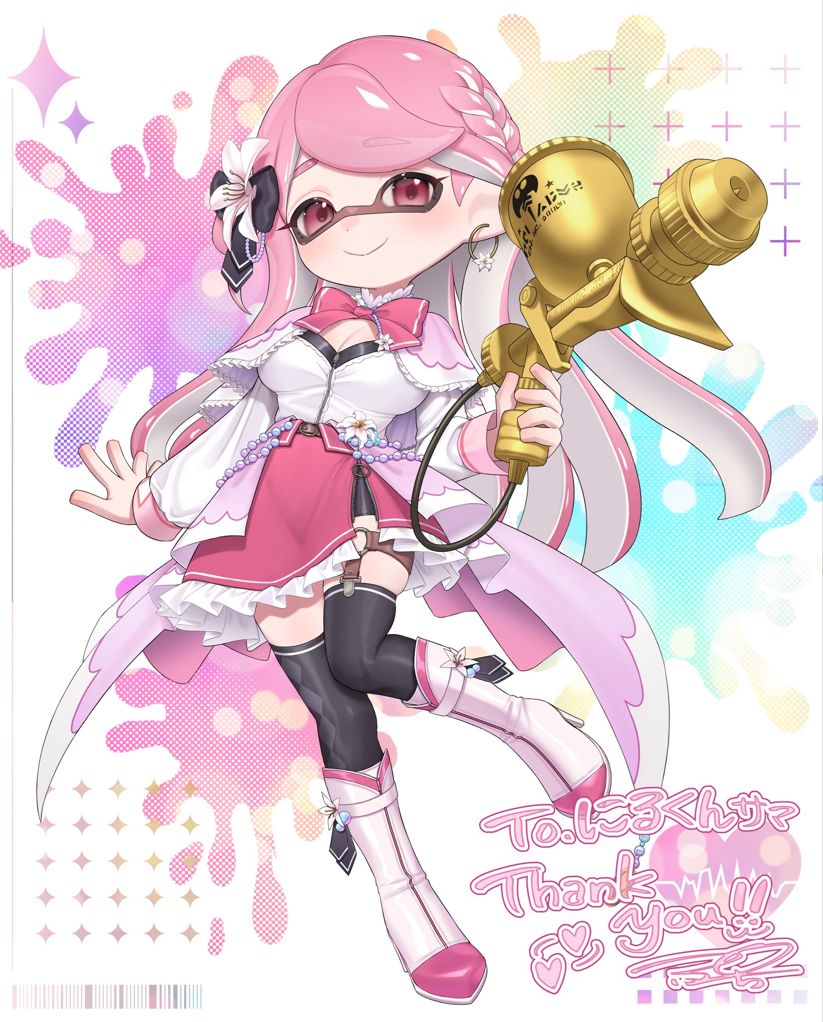 puchiman, inkling girl, inkling player character, kazumin (vtuber), indie virtual youtuber, nintendo, splatoon (series), commentary request, commission, highres, second-party source, skeb commission, 1girl, :>, aerospray (splatoon), alternate species, black bow, black shorts, black thighhighs, boots, bow, bowtie, braid, breasts, capelet, cleavage, closed mouth, earrings, flower, frilled skirt, frills, full body, hair bow, hair flower, hair ornament, holding, holding weapon, inkling, jewelry, knee boots, large breasts, long hair, long sleeves, looking at viewer, pink bow, pink bowtie, pink capelet, pink eyes, pink hair, pink skirt, pointy ears, shirt, shorts, shorts under skirt, side slit, single braid, skirt, smile, solo, tentacle hair, thighhighs, virtual youtuber, weapon, white boots, white flower, white shirt