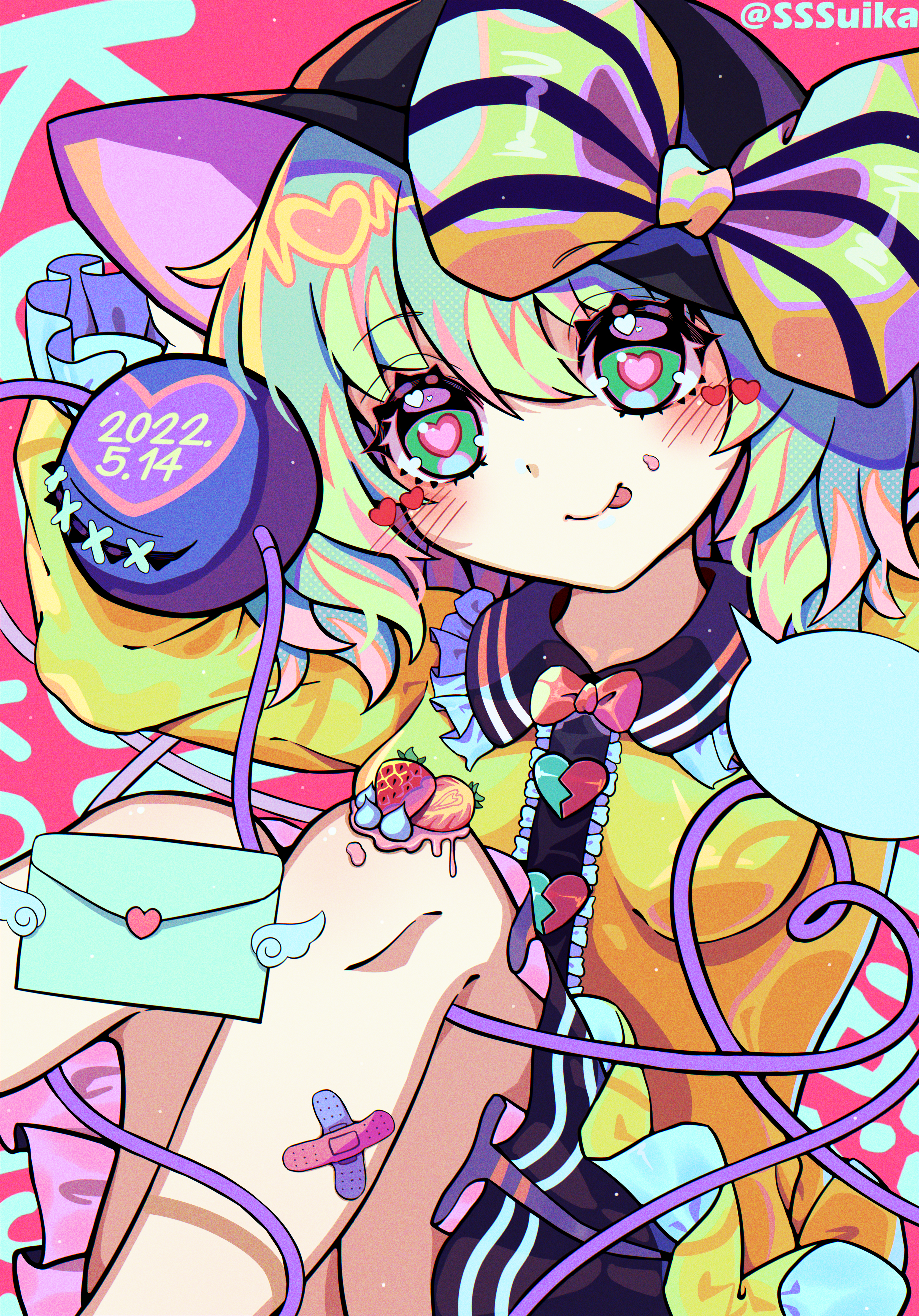 sssuika, komeiji koishi, touhou, absurdres, chinese commentary, commentary request, highres, mixed-language commentary, revision, 1girl, :p, black hat, black skirt, blouse, blush, bow, center frills, closed mouth, eyeball, frilled shirt collar, frilled sleeves, frills, green eyes, green hair, hat, hat bow, heart, heart-shaped pupils, heart of string, koishi day, kyouda suzuka (style), long sleeves, looking at viewer, medium hair, shirt, skirt, smile, solo, symbol-shaped pupils, third eye, tongue, tongue out, wavy hair, yellow bow, yellow shirt