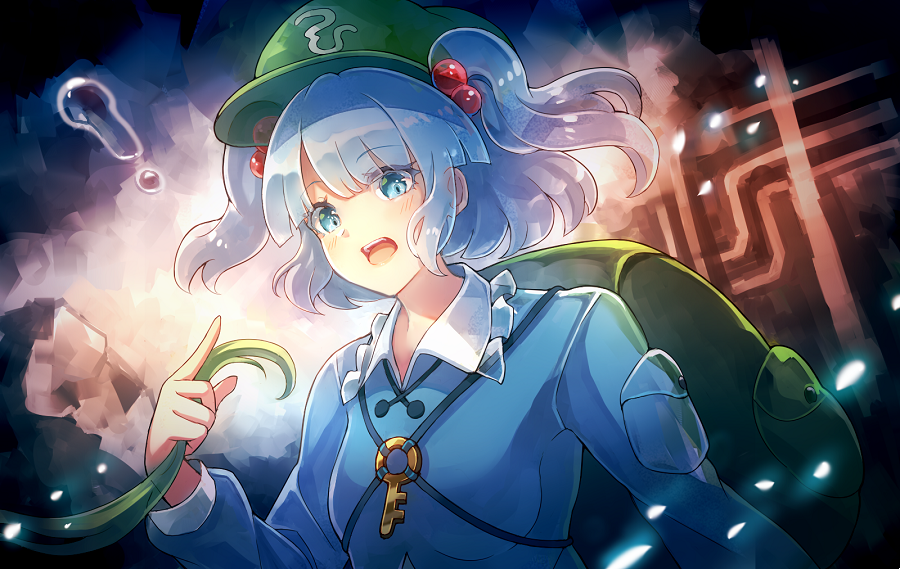 60mai, kawashiro nitori, touhou, commentary request, revision, 1girl, :d, backpack, bag, blue eyes, blue hair, blue shirt, blunt bangs, breasts, eyes visible through hair, green bag, green hat, hair bobbles, hair ornament, hat, holding, key, light blush, long sleeves, looking at viewer, newsboy cap, open mouth, pocket, seaweed, shirt, short hair, sidelocks, small breasts, smile, solo, two side up, upper body