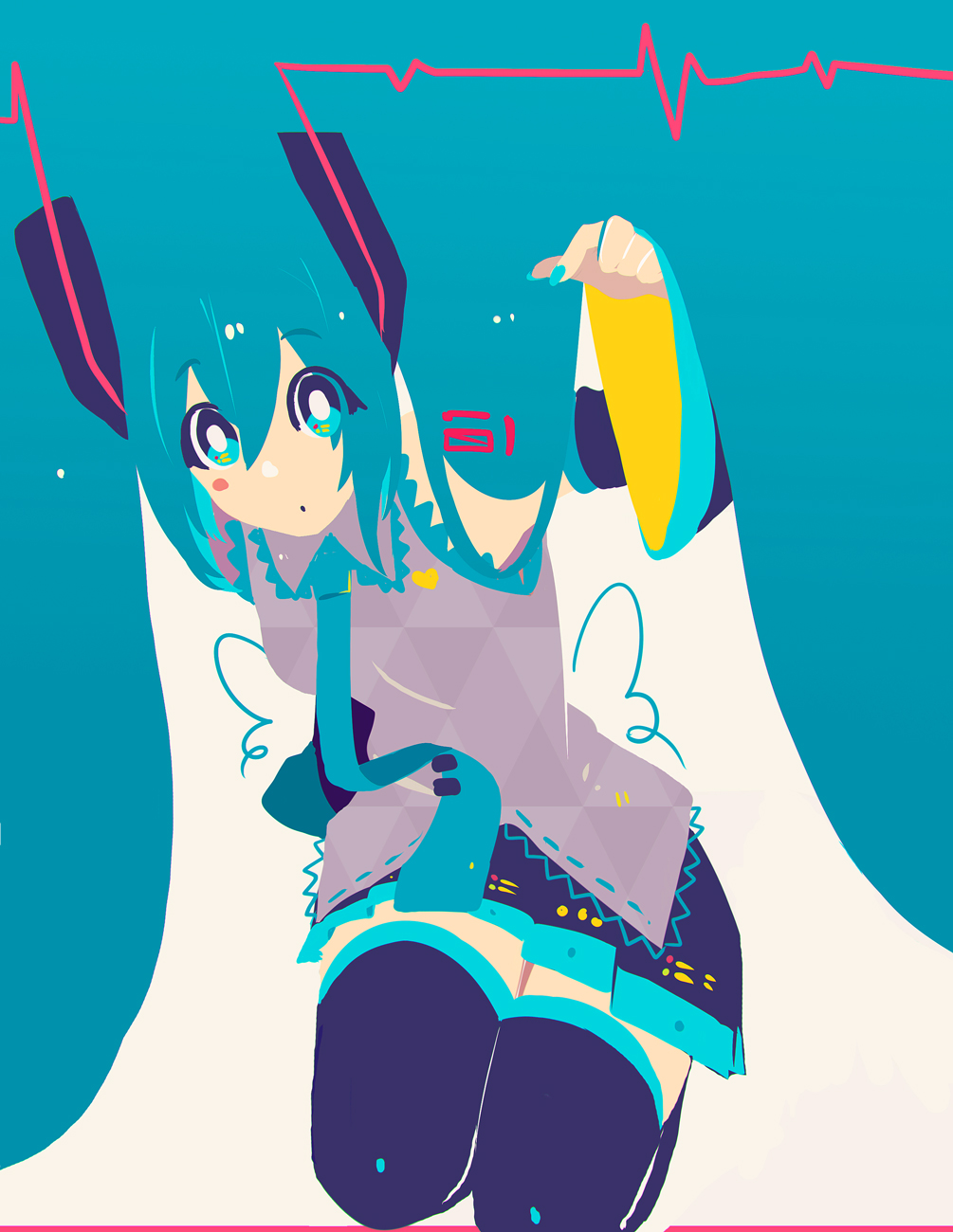 hikusa, hatsune miku, vocaloid, commentary request, highres, black skirt, blue hair, blush, closed mouth, hair ornament, long hair, necktie, simple background, sitting, skirt, very long hair