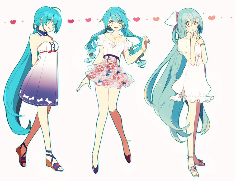 hikusa, hatsune miku, vocaloid, blue eyes, blue hair, blush, closed mouth, heart, long hair, sandals, simple background, skirt, standing, very long hair, white background