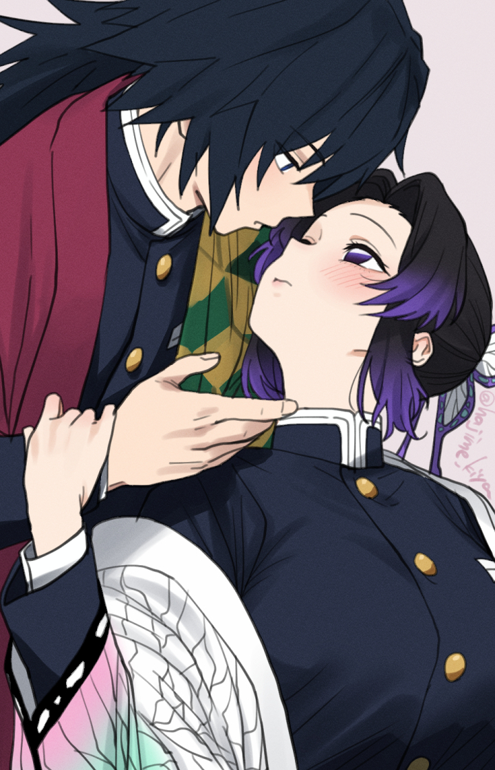 kiya hajime, kochou shinobu, tomioka giyuu, kimetsu no yaiba, 1boy, 1girl, black hair, black jacket, blue eyes, breasts, butterfly hair ornament, buttons, demon slayer uniform, gradient hair, hair ornament, haori, hetero, holding another's wrist, jacket, japanese clothes, long hair, long sleeves, looking at another, multicolored hair, parted bangs, purple eyes, purple hair, spiked hair