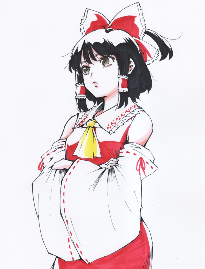 s590220, hakurei reimu, touhou, commentary request, traditional media, 1girl, ascot, bare shoulders, black hair, bow, crossed hands, detached sleeves, frilled bow, frilled hair tubes, frills, hair bow, hair tubes, looking to the side, nontraditional miko, red bow, red shirt, red skirt, ribbon-trimmed sleeves, ribbon trim, shirt, short hair, simple background, skirt, sleeveless, sleeveless shirt, solo, white background, wide sleeves, yellow ascot