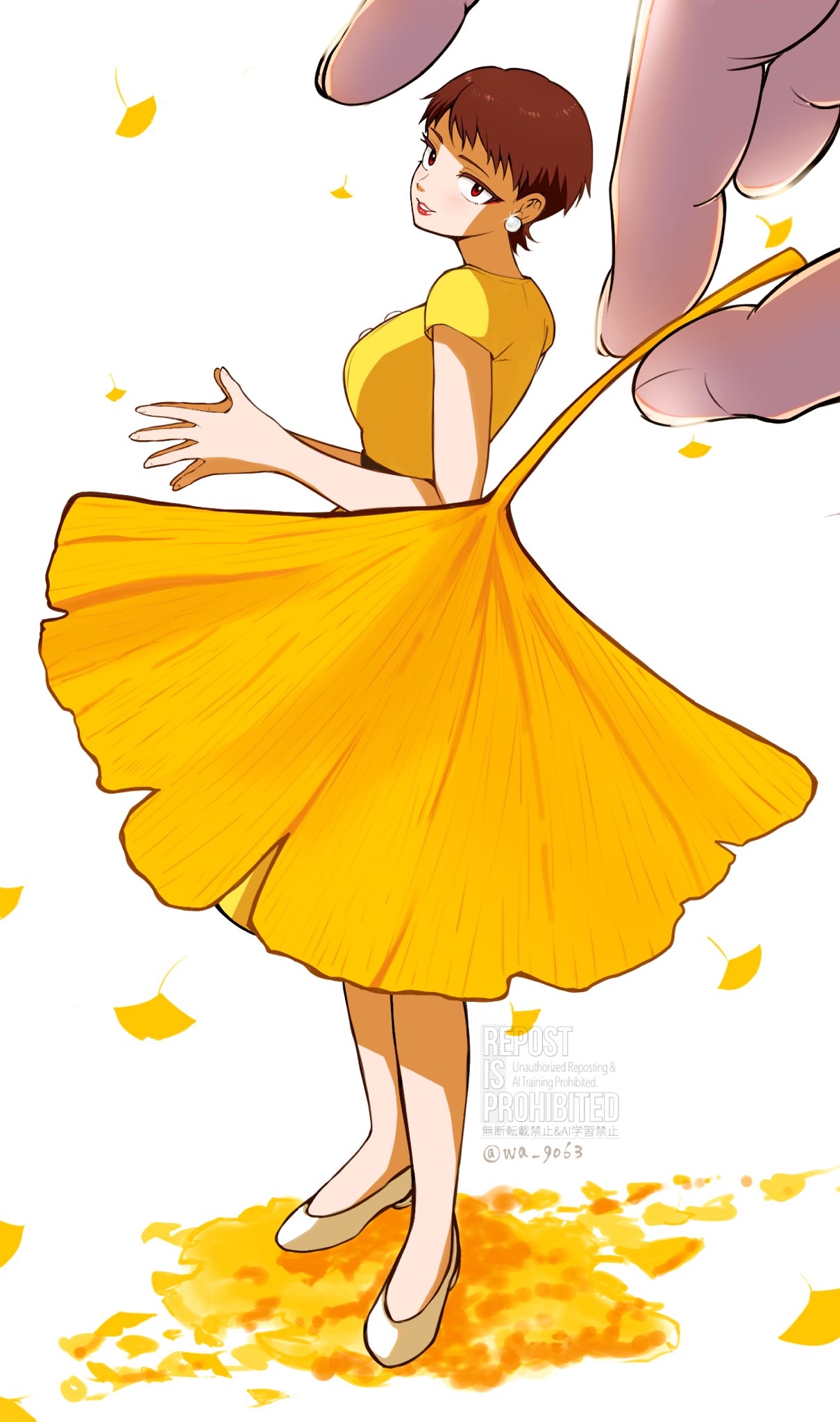 original, commentary, highres, 1girl, 1other, autumn leaves, brown eyes, brown hair, earrings, falling leaves, full body, ginkgo leaf, jewelry, leaf, orange shirt, own hands together, pov, shirt, shoes, short hair, standing, wa go63, white shoes