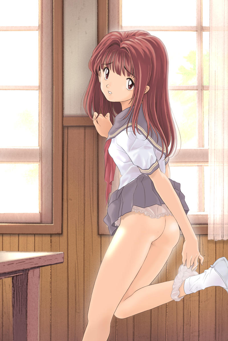 tayama mamito, bottomless, brown eyes, brown hair, long hair, school uniform