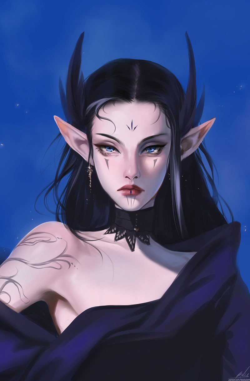 nebula (neebulaart), original, commentary, english commentary, highres, 1girl, black choker, black hair, black robe, blue background, blue eyes, choker, earrings, facial tattoo, forehead tattoo, frown, hair flaps, jewelry, lip tattoo, off shoulder, pointy ears, portrait, realistic, robe, shoulder tattoo, signature, solo, tattoo