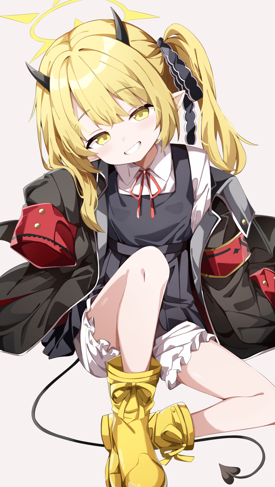 sabana, ibuki (blue archive), blue archive, commentary request, highres, paid reward available, 1girl, blonde hair, bloomers, demon horns, demon tail, dress, grin, halo, horns, pinafore dress, shirt, simple background, sleeveless, sleeveless dress, sleeves past fingers, sleeves past wrists, smile, solo, tail, teeth, underwear, white bloomers, white shirt, yellow eyes, yellow halo