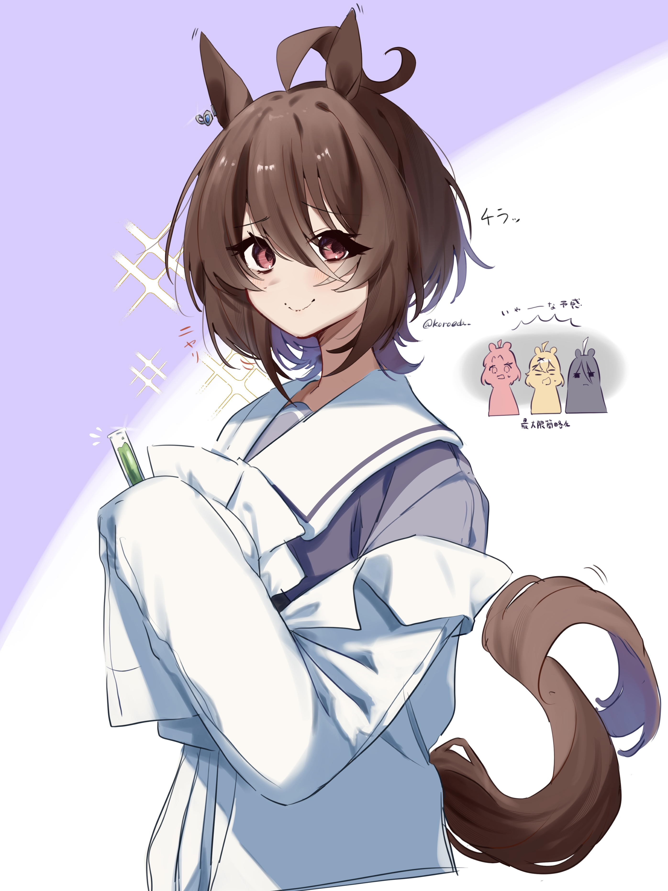 koroeda6, agnes tachyon (umamusume), jungle pocket (umamusume), manhattan cafe (umamusume), umamusume, absurdres, character request, highres, 1girl, animal ears, blush, closed mouth, hair between eyes, holding, holding vial, horse ears, horse girl, horse tail, lab coat, looking at viewer, purple shirt, red eyes, sailor collar, school uniform, shirt, short hair, sleeves past fingers, sleeves past wrists, smile, tail, tracen school uniform, vial, white sailor collar