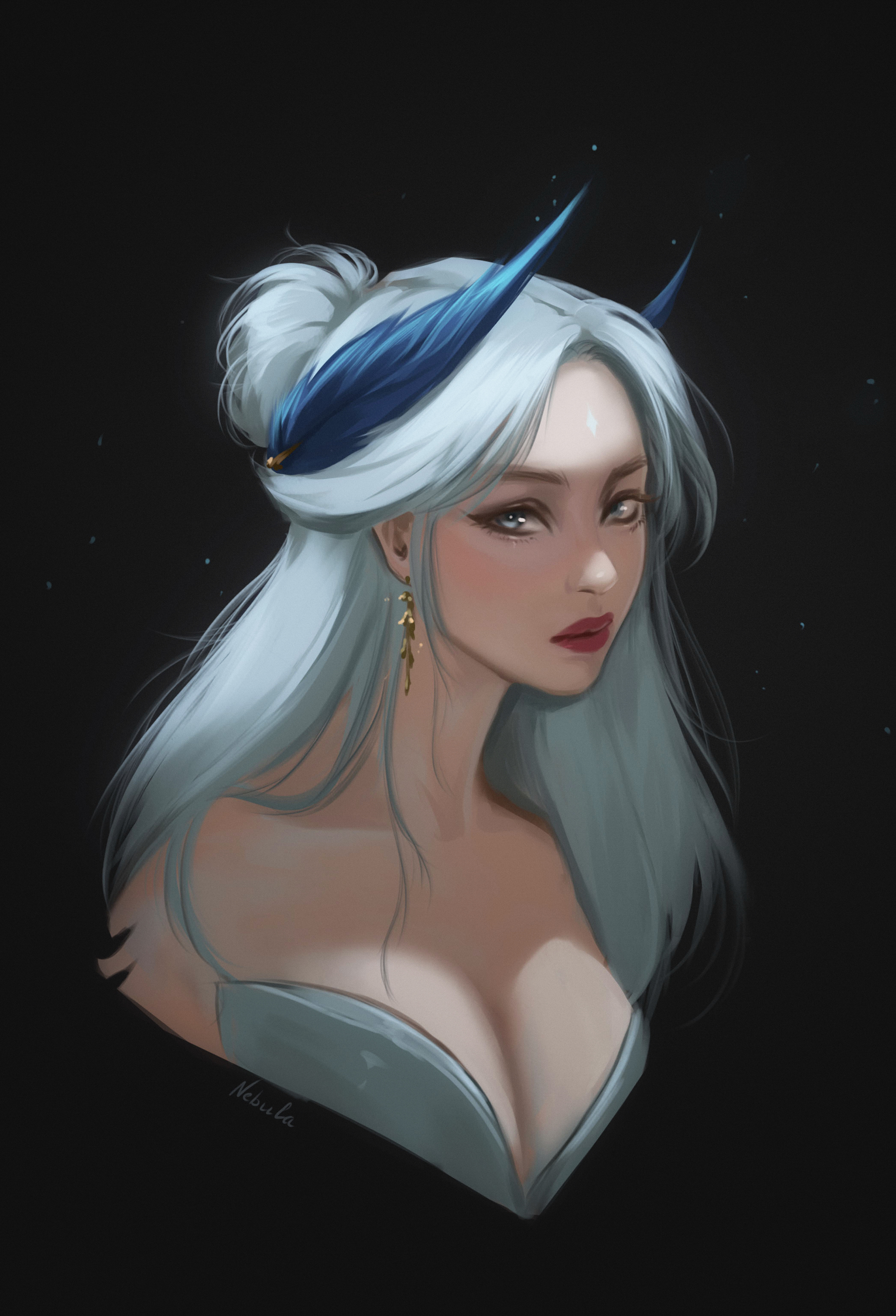 nebula (neebulaart), original, absurdres, commentary, english commentary, highres, 1girl, bare shoulders, black hairband, breasts, cleavage, earrings, feather hair ornament, feathers, grey eyes, grey hair, hair bun, hair ornament, hairband, half updo, jewelry, large breasts, long hair, portrait, red lips, signature, single hair bun, solo
