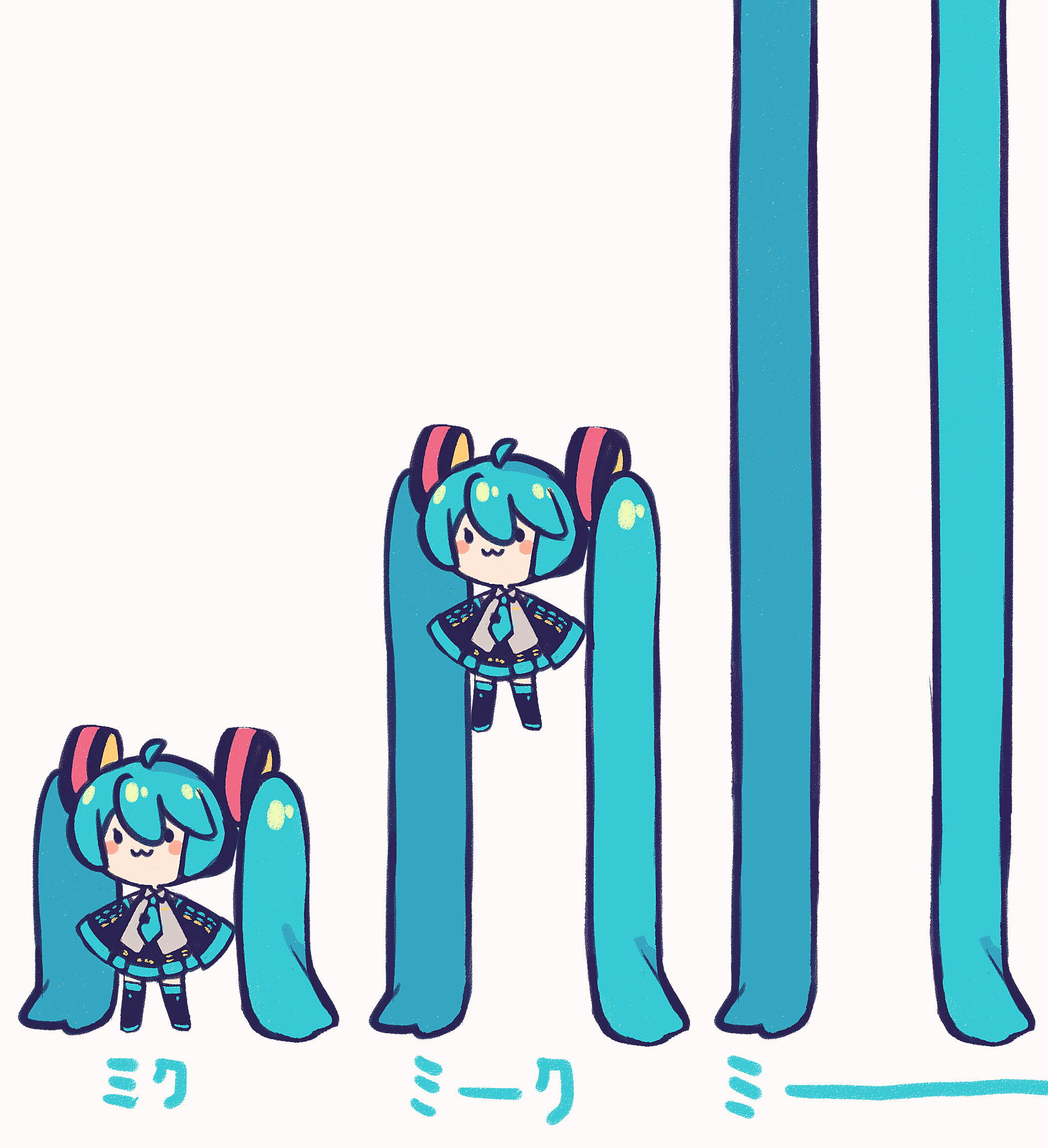 hikusa, hatsune miku, vocaloid, highres, black skirt, blue hair, blush, chibi, closed mouth, doritos hair (meme), hair ornament, long hair, meme, necktie, simple background, skirt, standing, very long hair
