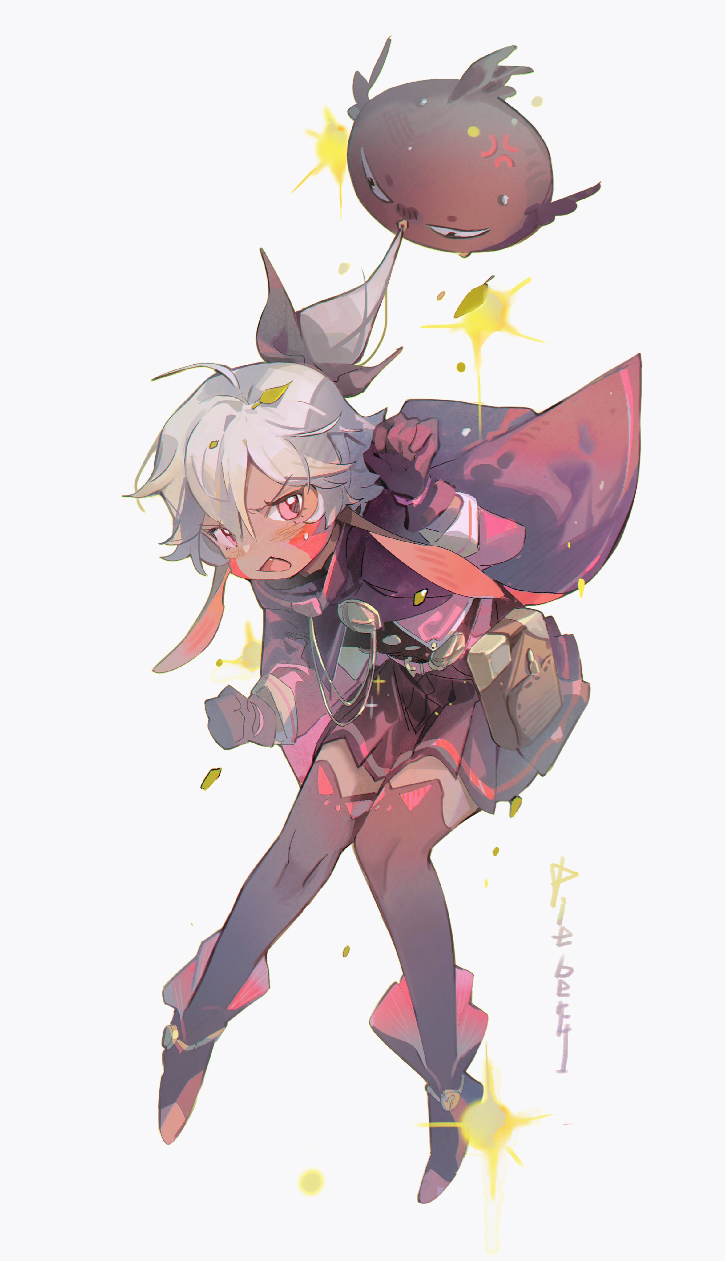 sanyang003, pieberry (witch springs), witch springs, absurdres, highres, 1girl, anger vein, bird, black jack (witch springs), blush, book, boots, creature, floppy ears, gloves, hair between eyes, open mouth, pink eyes, solo, thighhighs, white background, white hair, zettai ryouiki