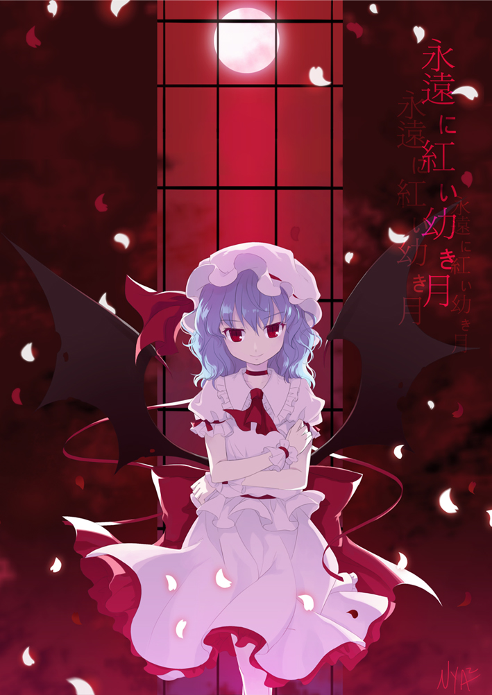 clover4th, nyanya, remilia scarlet, touhou, bad id, bad pixiv id, translated, 1girl, blue hair, choker, crossed arms, female focus, full moon, hat, moon, petals, red eyes, ribbon, smirk, solo, standing, wavy hair, window, wings, wrist cuffs