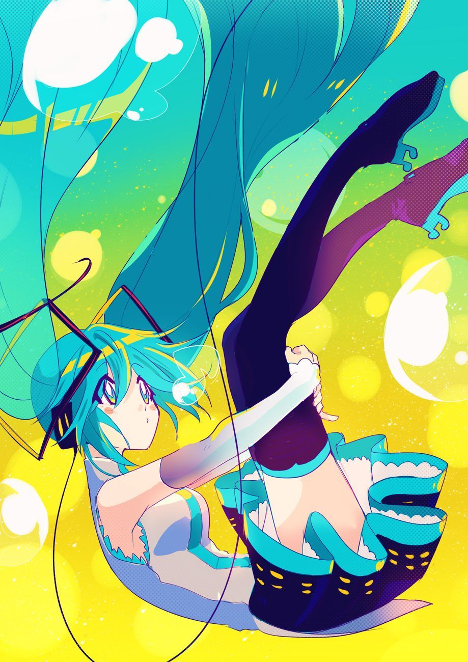 hikusa, hatsune miku, vocaloid, commentary request, highres, black skirt, blue eyes, blue hair, blush, closed mouth, falling, hair ornament, long hair, skirt, thighhighs, very long hair