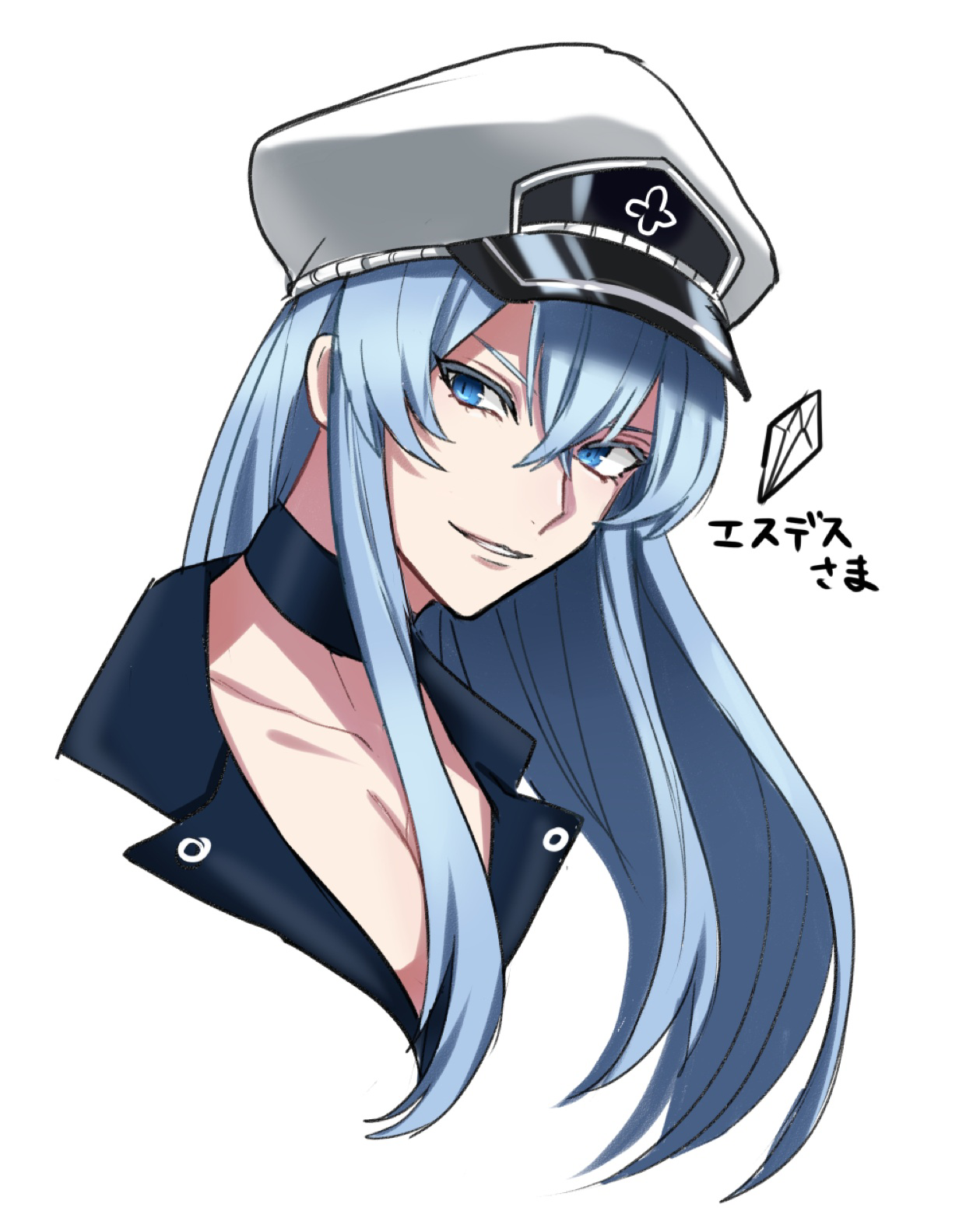 napo (naporittan), esdeath, akame ga kill!, commentary request, highres, 1girl, black choker, blue eyes, blue hair, breasts, character name, choker, cleavage, hat, large breasts, military hat, peaked cap, portrait, sidelocks, solo