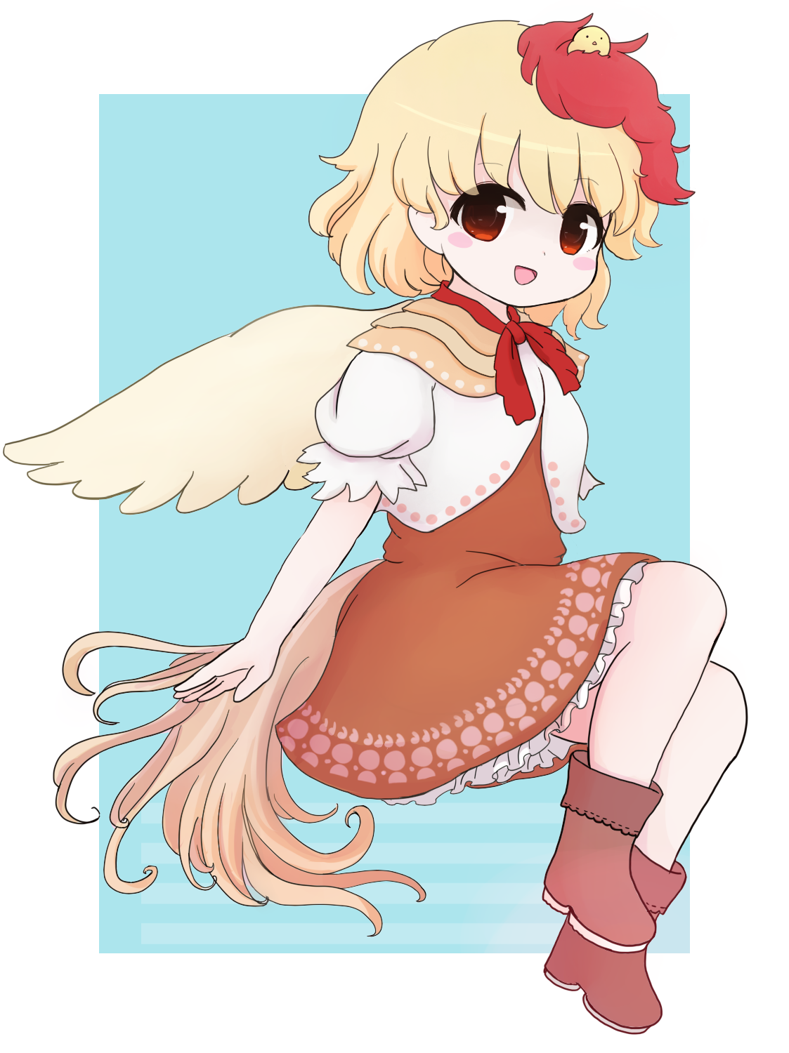 azuma meri, niwatari kutaka, touhou, commentary request, highres, revision, 1girl, :d, animal, animal on head, baby animal, bird, bird on head, bird tail, bird wings, blonde hair, blue background, blush stickers, boots, brown boots, brown dress, chibi, chick, dress, feathered wings, layered dress, leg lift, looking at viewer, multicolored hair, neckerchief, on head, open mouth, petticoat, puffy short sleeves, puffy sleeves, red eyes, red hair, red neckerchief, red ribbon, ribbon, short hair, short sleeves, simple background, sitting, smile, solo, tail, two-tone hair, wings