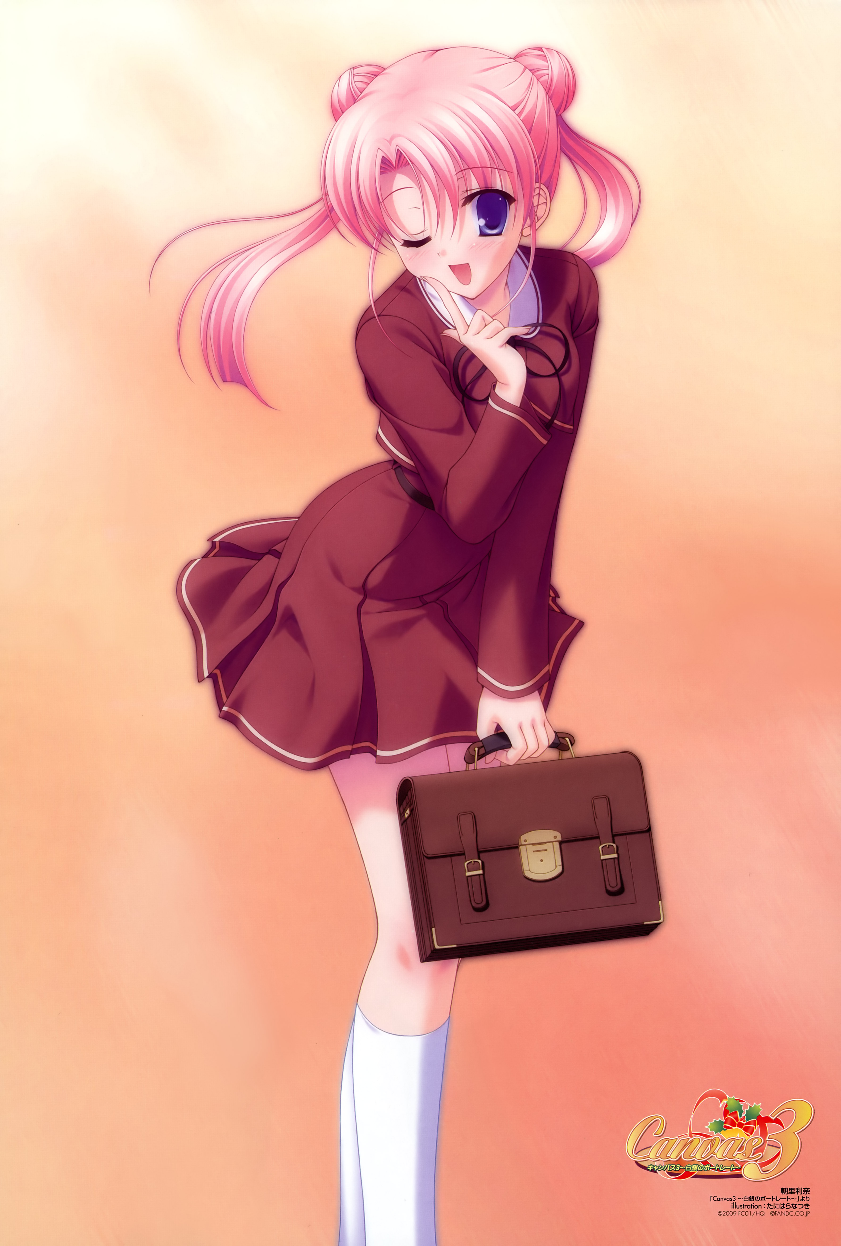 tanihara natsuki, asato rina, canvas (cocktail soft), canvas 3, absurdres, highres, briefcase, double bun, hair bun, kneehighs, one eye closed, open mouth, pink hair, purple eyes, school uniform, socks, solo, thighhighs, twintails, white socks, wink